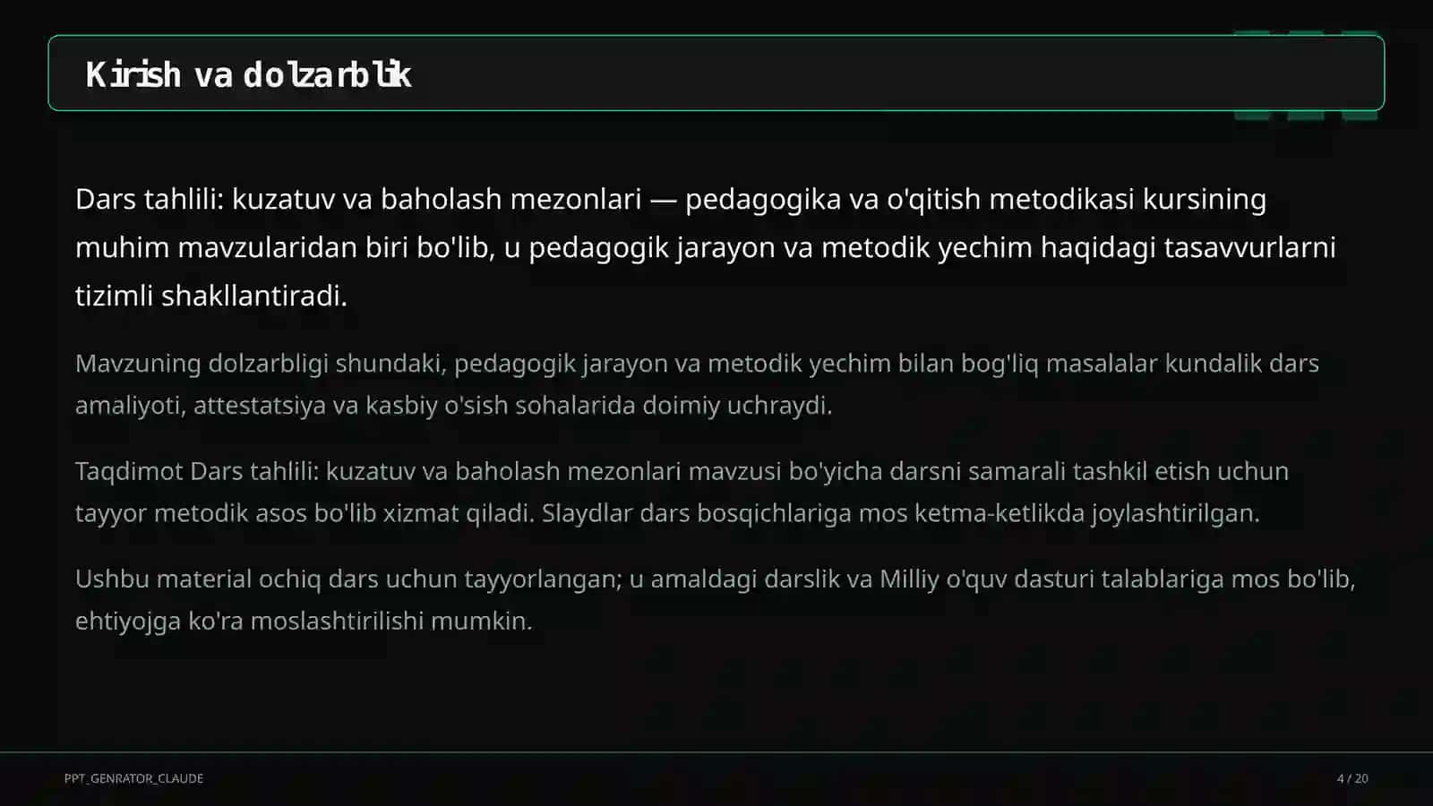 Dars tahlili: kuzatuv va baholash mezonlari 4