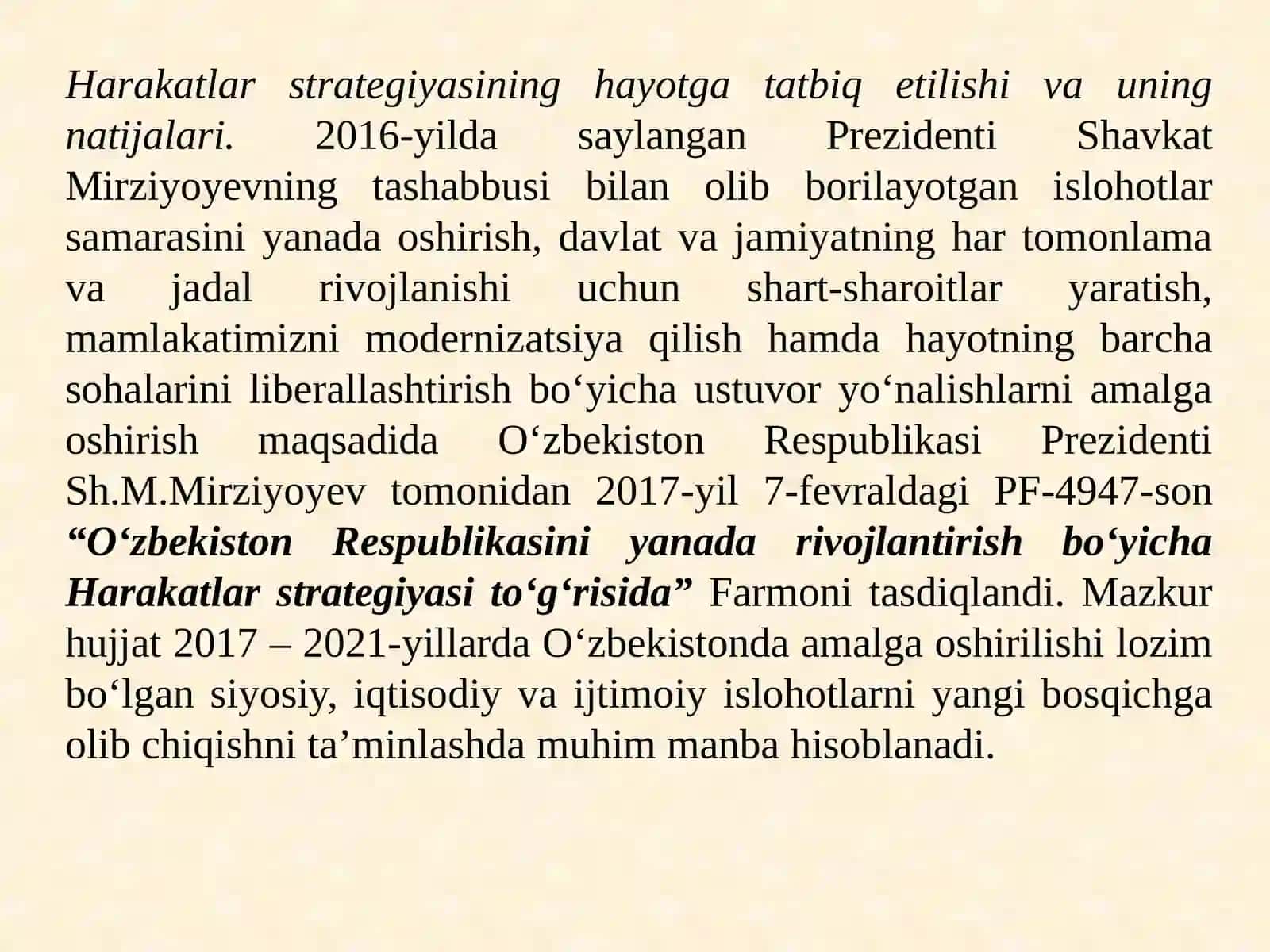 13-mavzu.Yangi O‘zbekistonda Prezident Sh.M.Mirziyoyevrahbarligi vatashabbusi ostida amalga oshirilayotganislohotlar 4