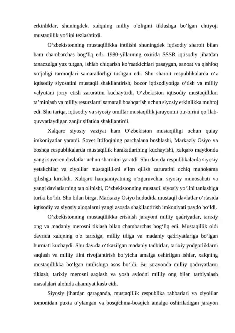 Mustaqil Oʻzbekiston Respublikasi tashkil topishining tarixiy ahamiyati va Oʻzbekistonning oʻziga xos istiqlol va taraqqiyot yoʻli. 4
