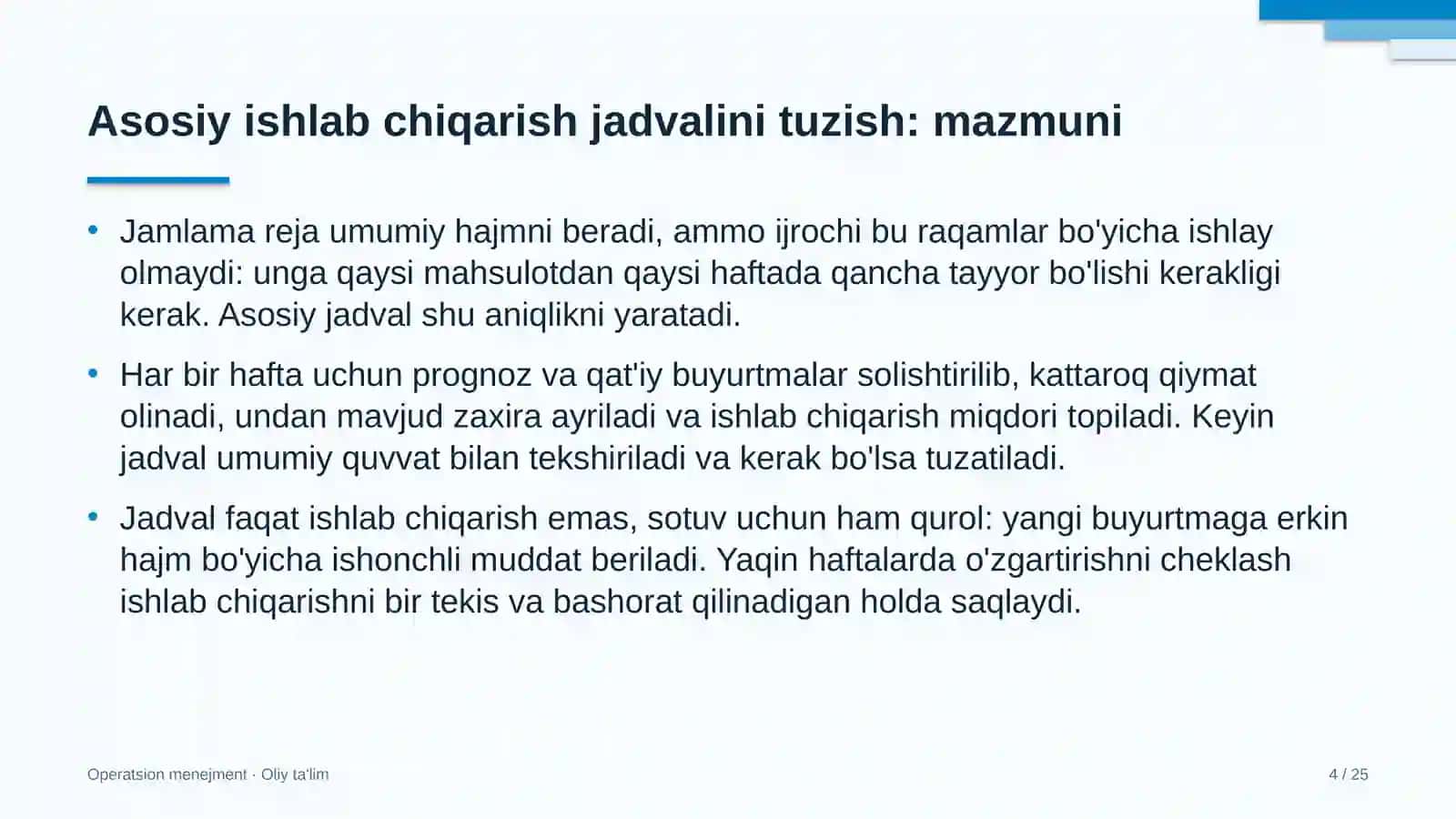 boshqaruv servis kompaniyalarida asosiy ishlab chiqarish jadvalini tuzish 9439 4