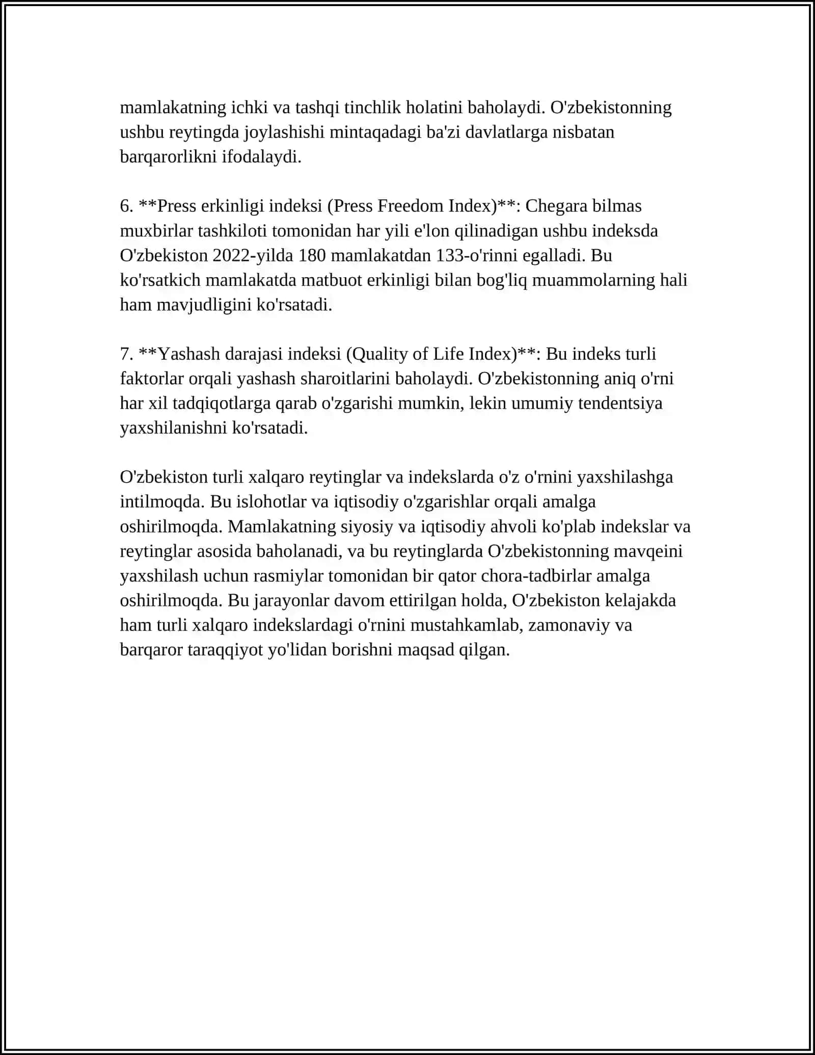 Yangi O'zbekistonda ijtimoiy-siyosiy, iqtisodiy va madaniy hayotida ro'y berayotgan o'zgarishlarning xalqaro reyting va indekslarda aks etishi 4