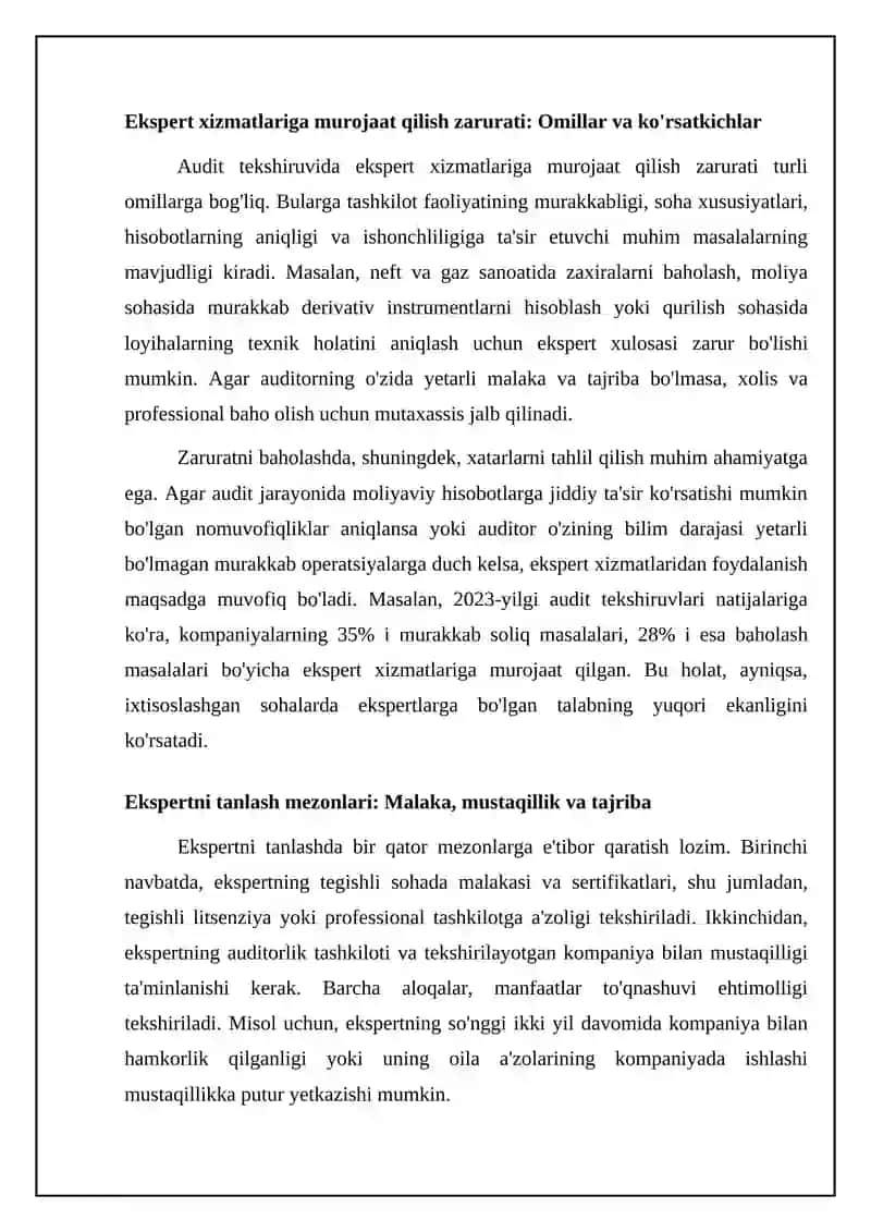 Auditorlik tekshiruvlarida ekspert xizmatidan foydalanish 4