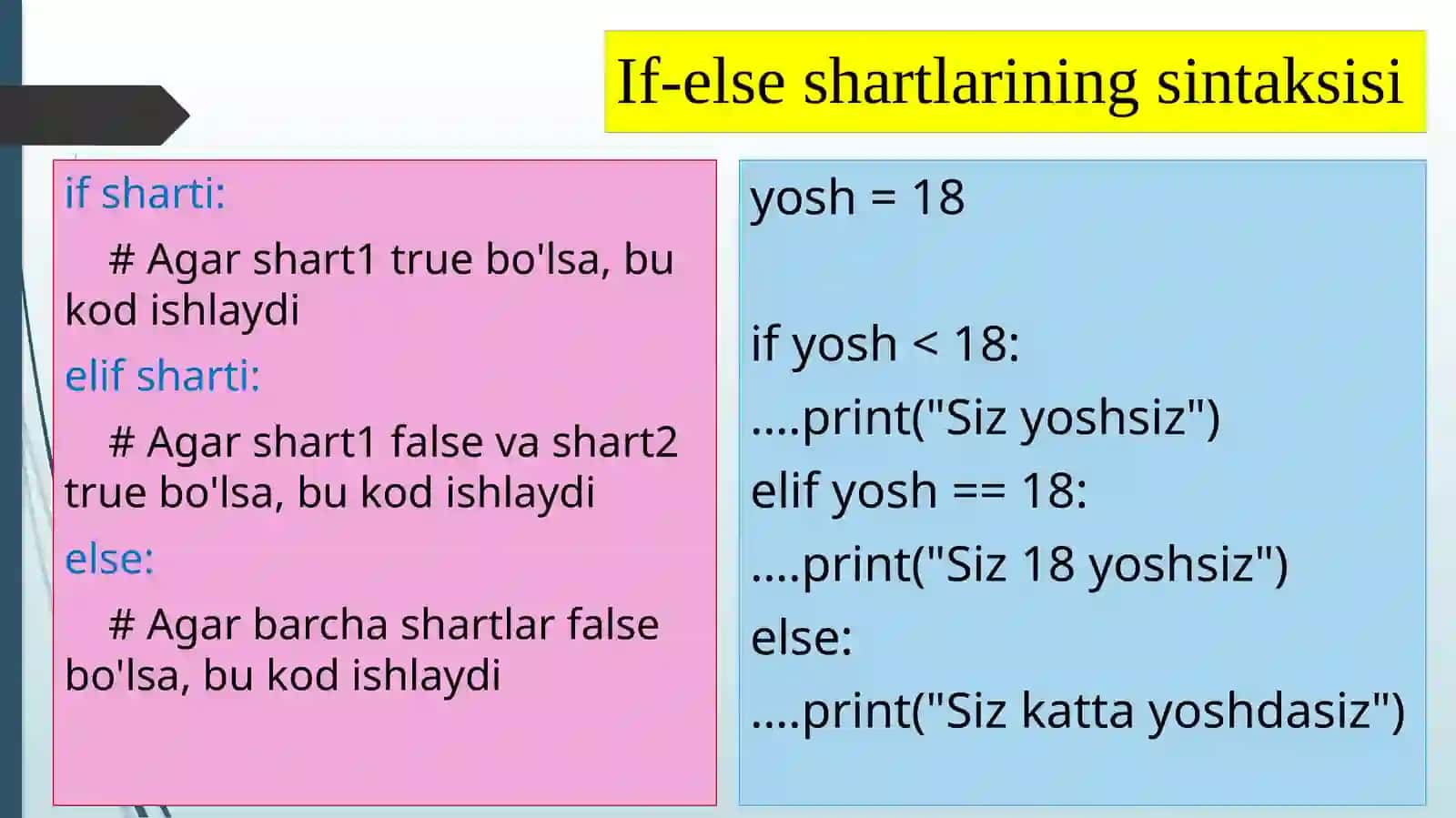 Python dasturlash orqali If-else shartlari va tarmoqlanishni o‘rganish. Python dasturlash tili orqali For, Loop bilan ishlash. Python dasturlash tili orqali mantiqiy operatorlar. 4