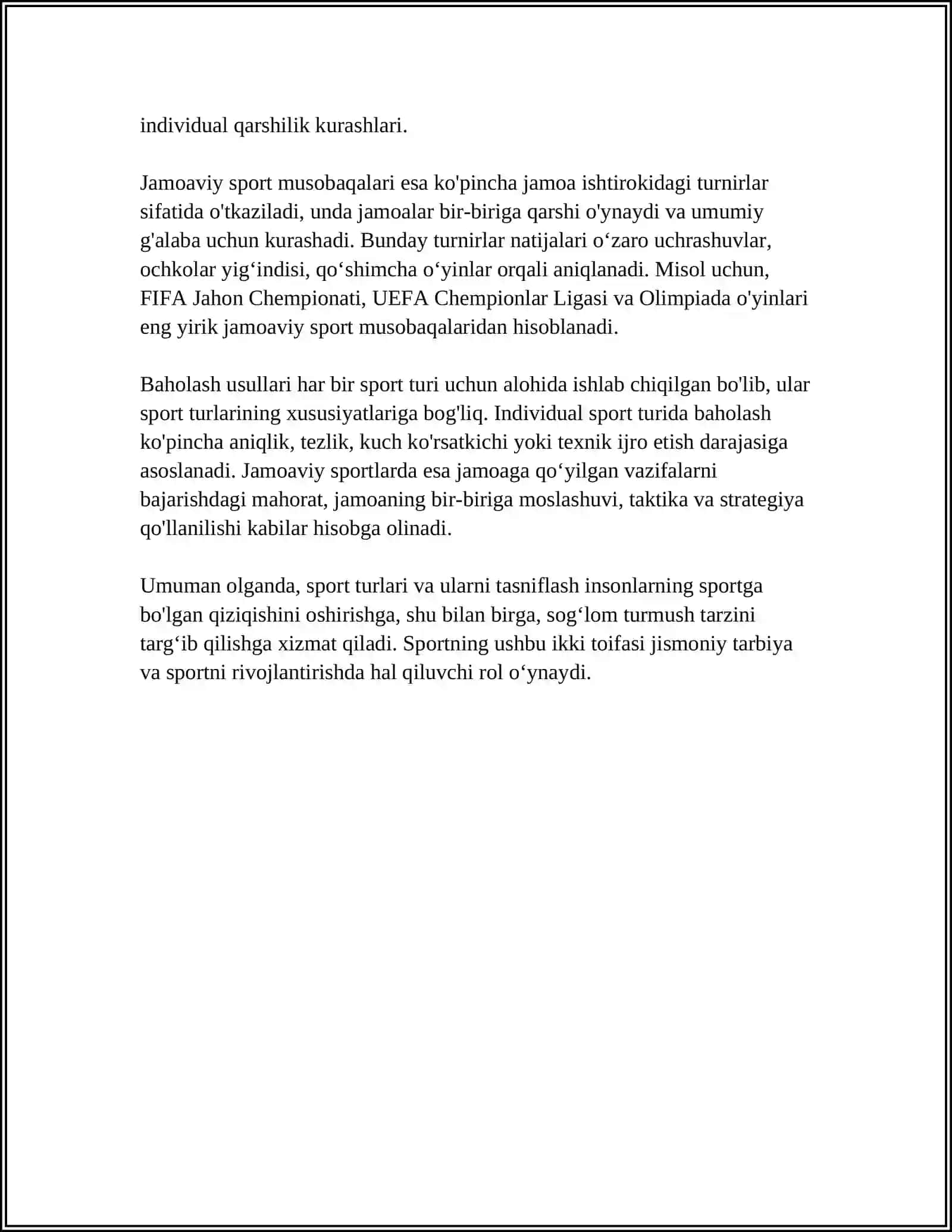 SPORT TURLARI VA ULARNITASNIFLANISH.SPORT MUSOBAQALARI TURLARI USULLARI VA BAHOLASH 4