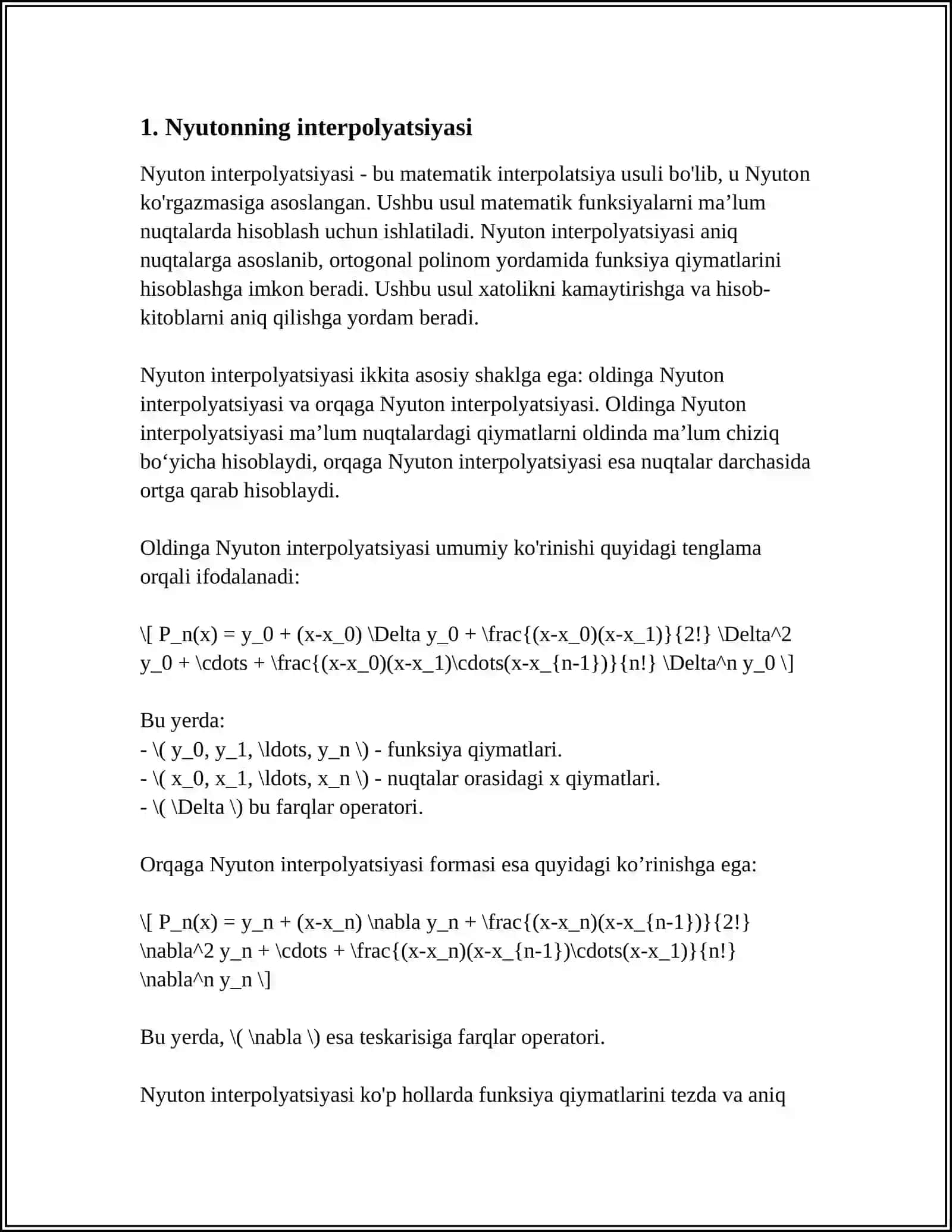 NYUTONNING BIRINCHI INTERPOLOTSION KOʻPHADI ORQALI SONLI DEFRENSIALASH 4
