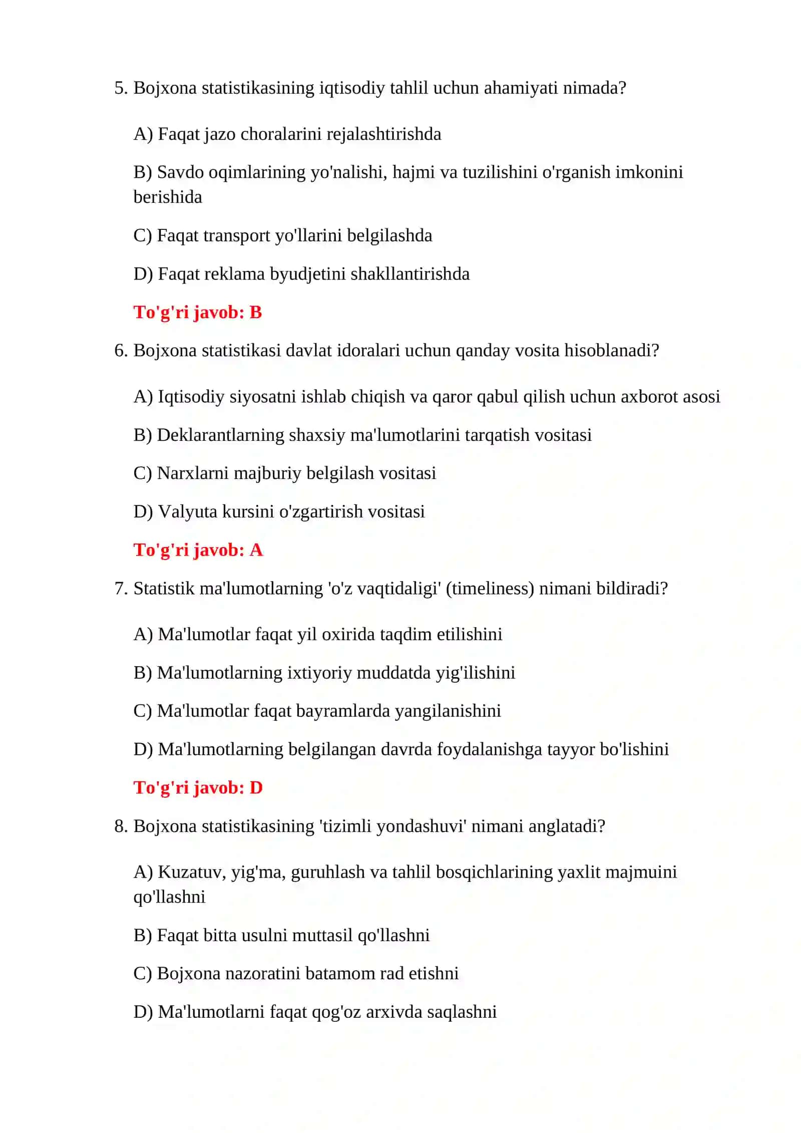 BOJXONA STATISTIKASI YAKUNIY TESTLARI 4