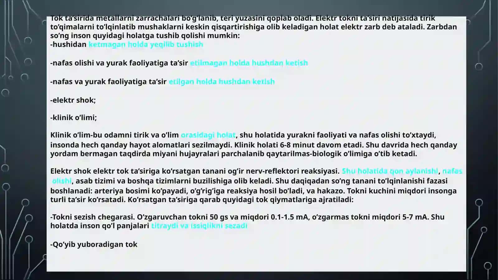 Hayot faoliyati xavfsizligi, . Inson tanasiga elektr tokini ta’siri 4