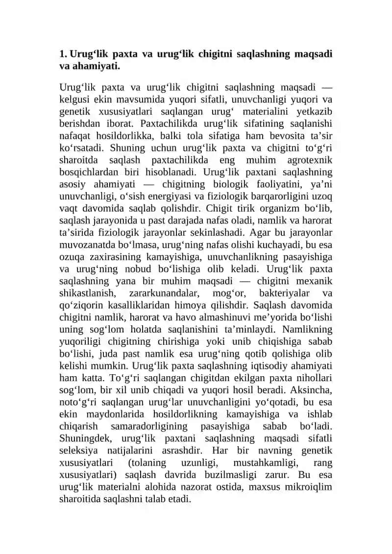 Saqlash omborlarida urug’lik paxtani, urug’lik chigitni saqlash qoidalari va  talablari. 4