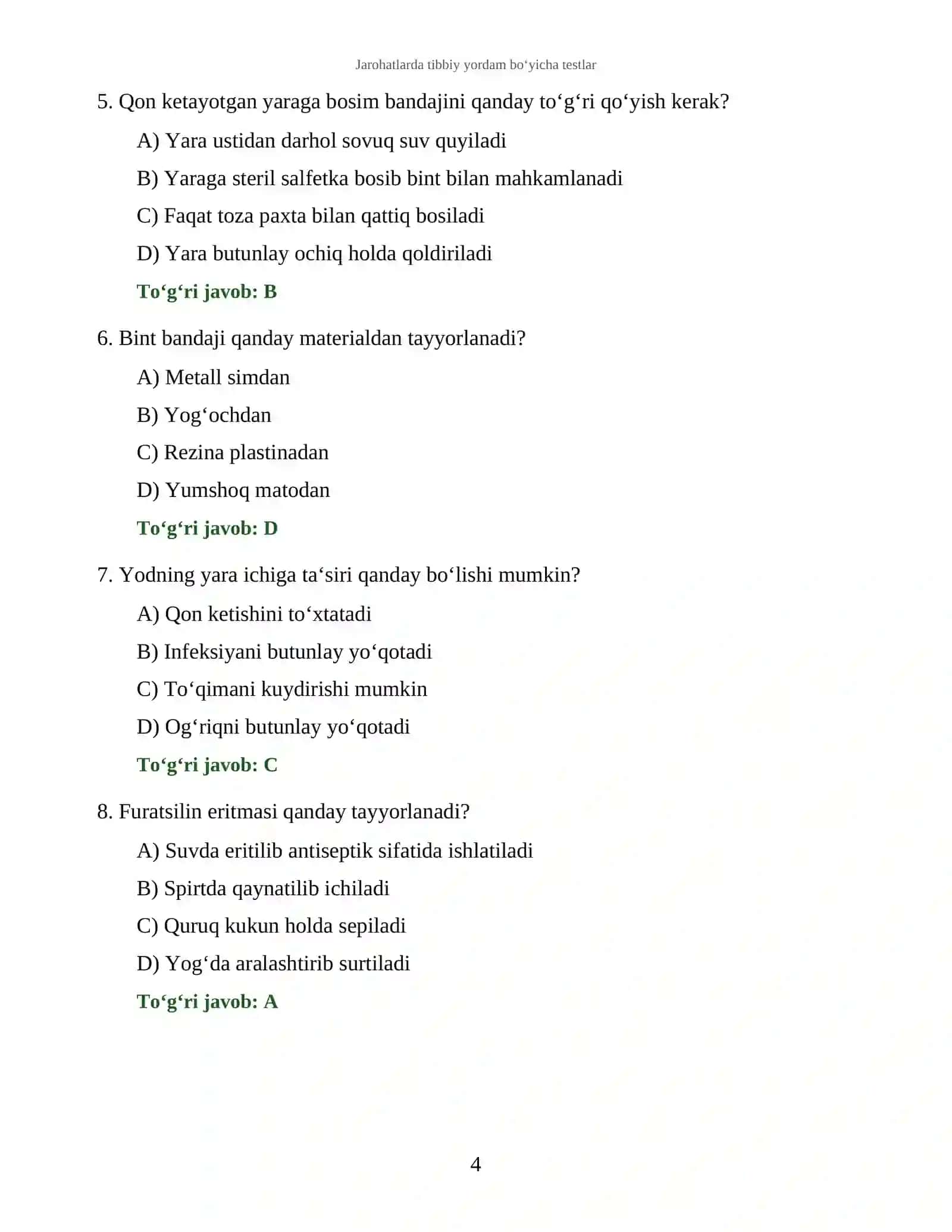 Jarohatlarda tibbiy yordam bo‘yicha testlar 4