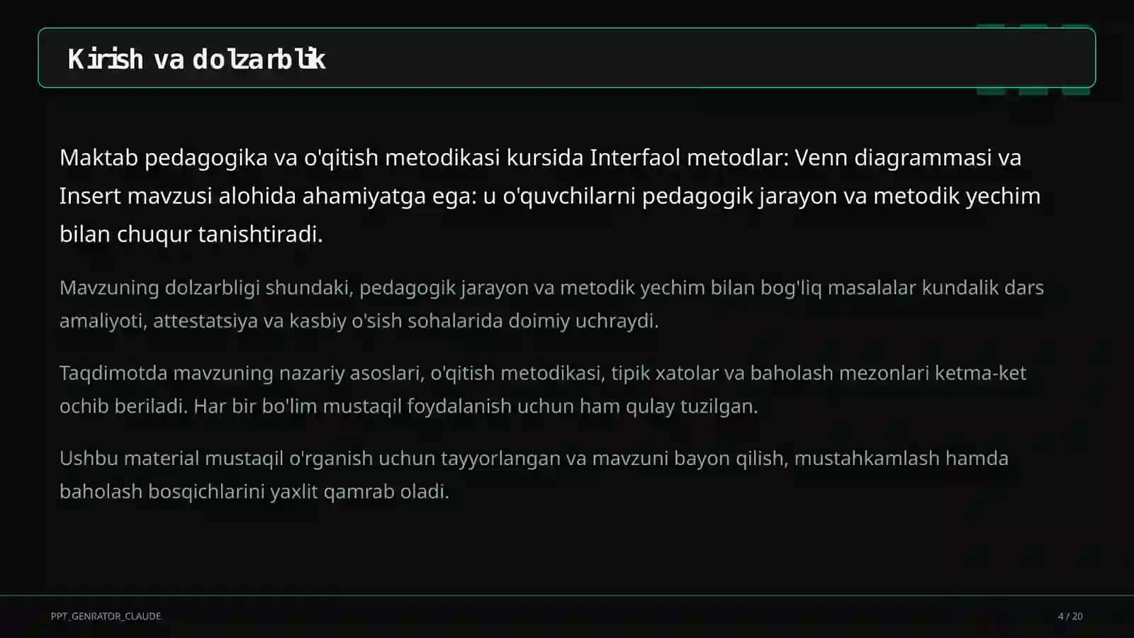 Interfaol metodlar: Venn diagrammasi va Insert 4