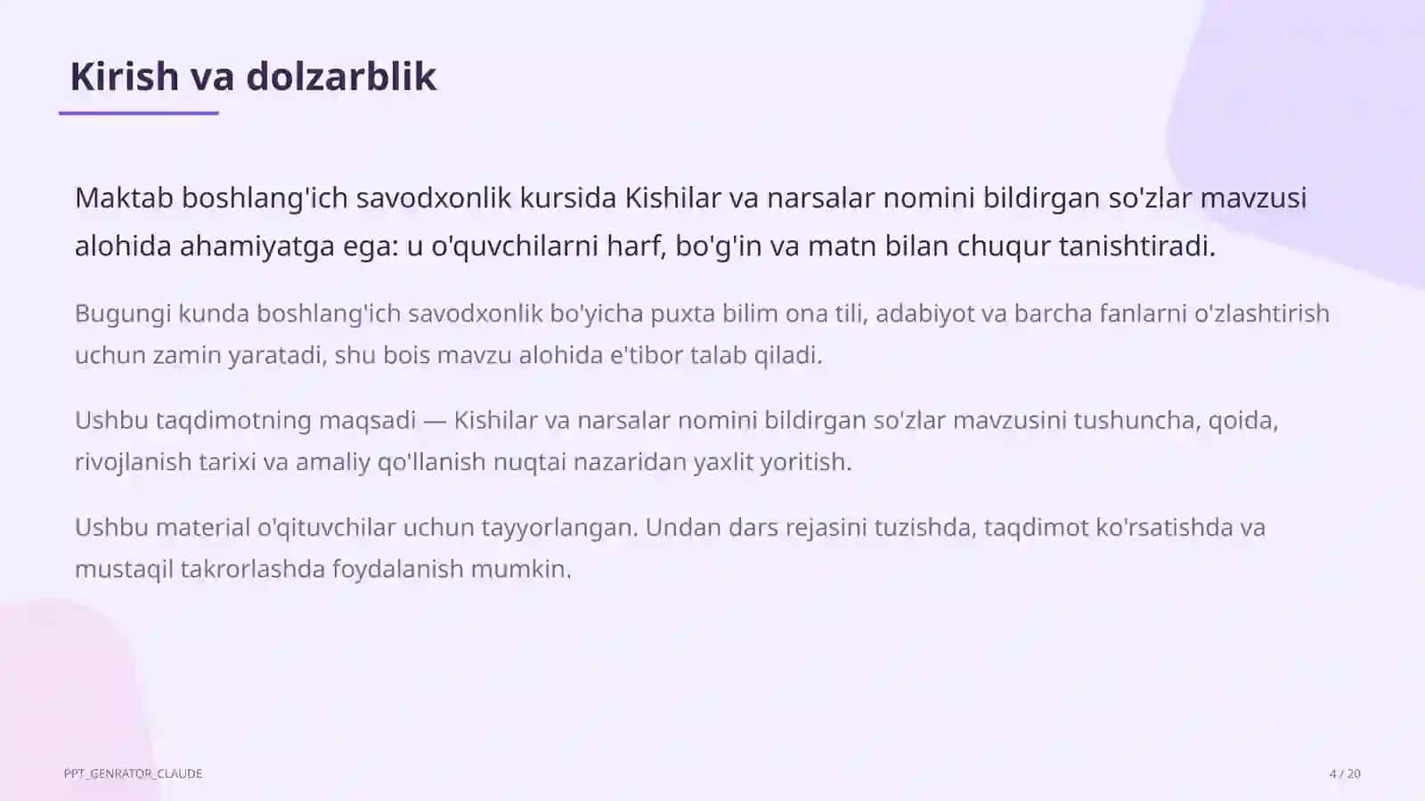 Boshlang'ich sinf: Ona tili va o'qish (1– 4) — o'qituvchilar uchun 4