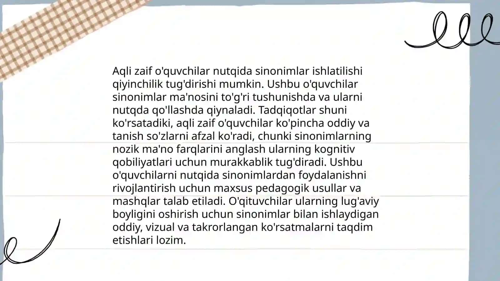 Aqli zaif o'quvchilar nutqining leksik tomonini tavsiflab bering 4