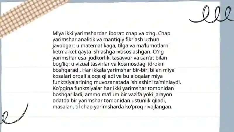 Bosh miya stvol yarimshar qismi. Orqa miya va uning segmentlari. 4