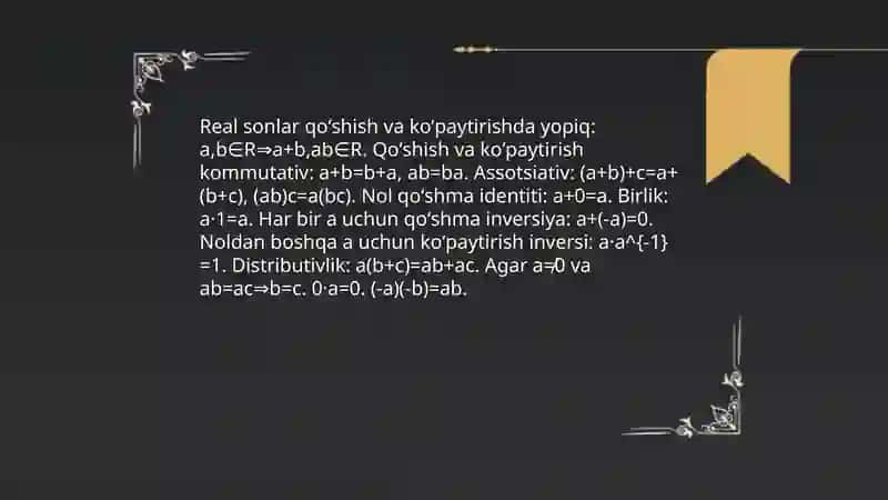 Haqiqiy sonlar ustida amallar. Algebraik va transcendent sonlar 4