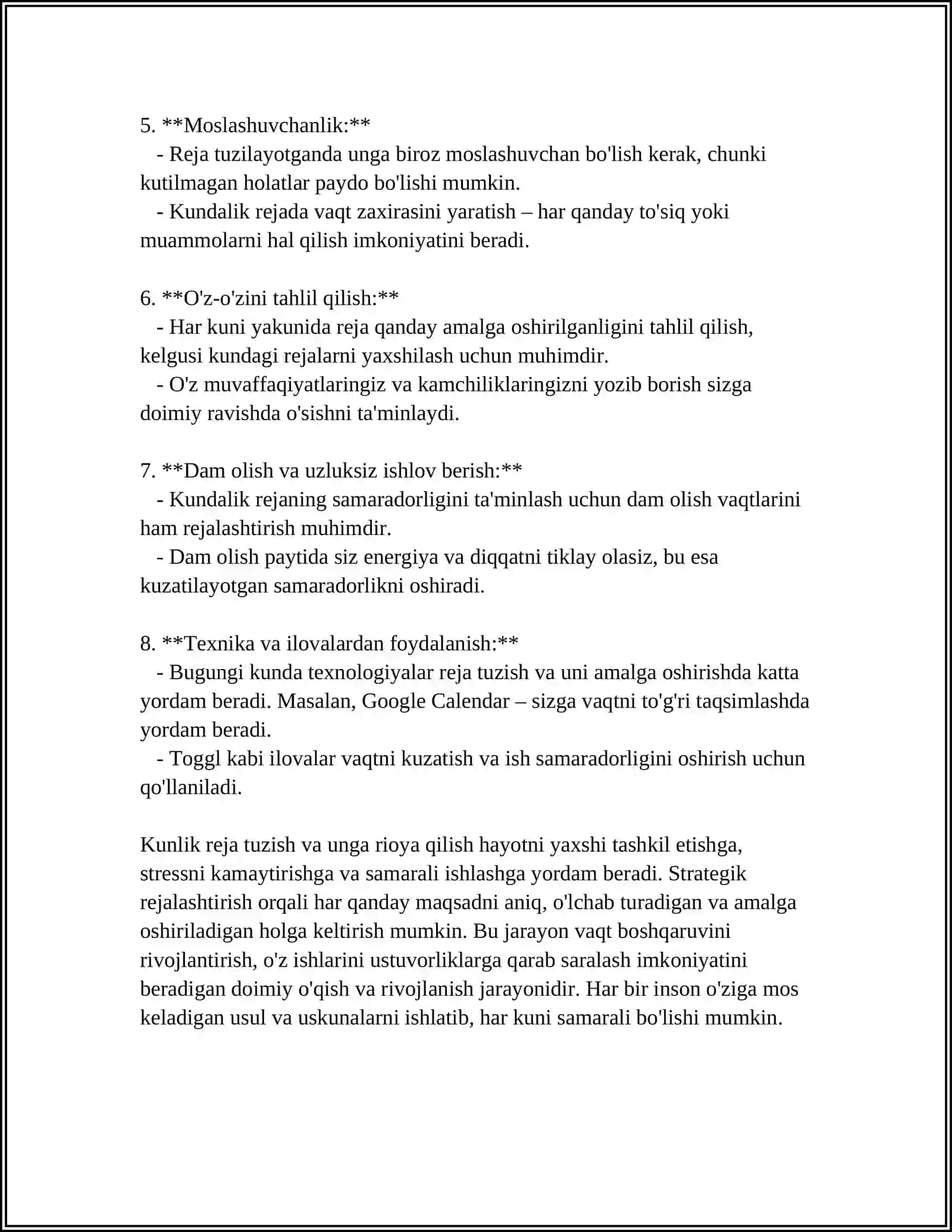 Kundalik rejani tuzish 4