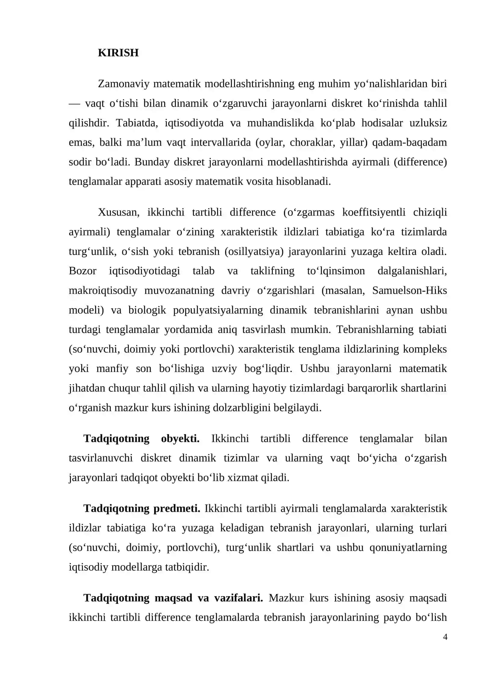 Mat Model Kurs ISHI: Ikkinchi tartibli ayirmali farqli(difference) tenglamalar va tebranish jarayonining nazariy asoslari. 4