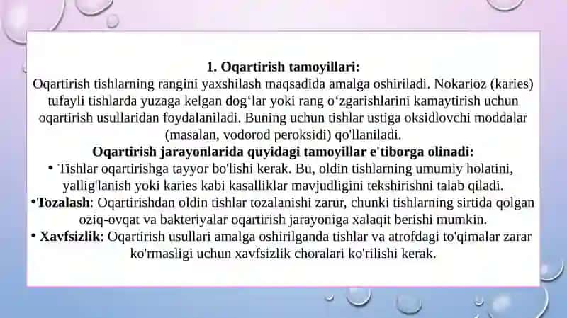 Tishlarning nokarióz kasalliklarida oqartirisk tamovillari.Ko'rsatma va qarshi ko'rsatma. Qo'llash uslublar i .Ot'kazish texnikas i.Profilaktika 4
