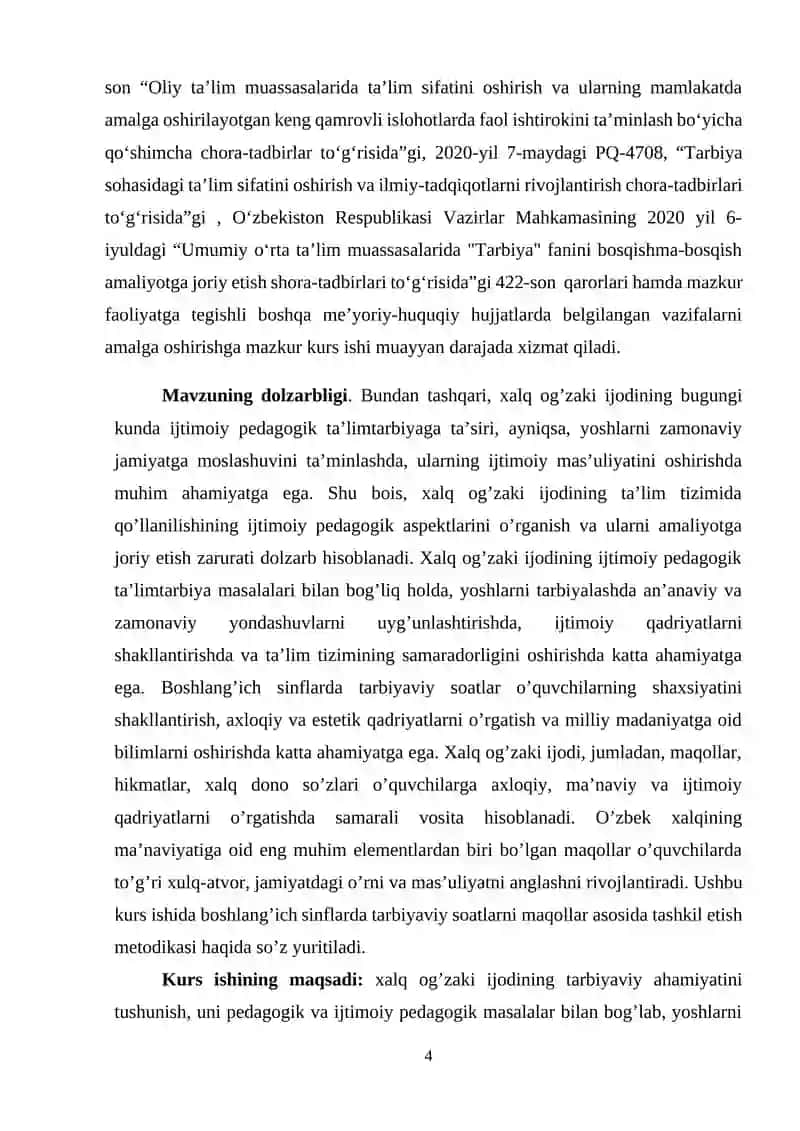 BOSHLANG’ICH SINFLARDA TARBIYAVIY SOATLARNI XALQ OG’ZAKI IJODI ASOSIDA TASHKIL ETISH METODIKASI (MAQOLLAR MISOLIDA) 4