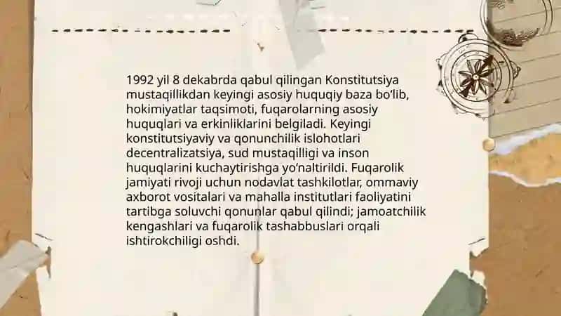 Oʻzbekistonda demokratik fuqarolik jamiyati asoslarining shakllanishi, amalga oshirilgan siyosiy islohotlar 4