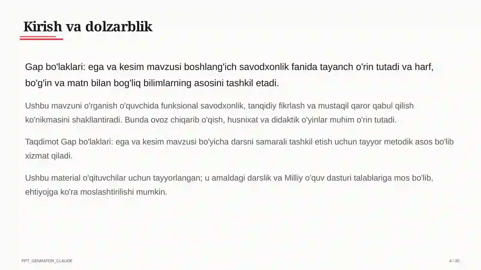 Gap bo'laklari: ega va kesim (4-sinf) 4