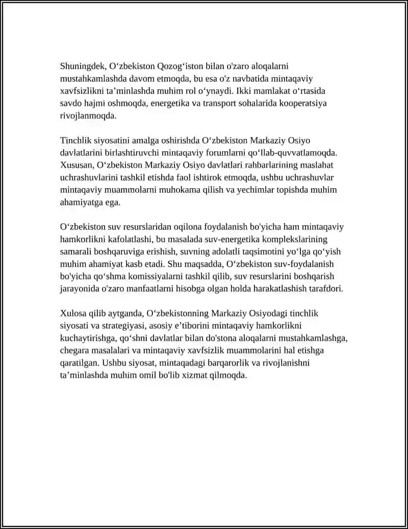 Oʻzbekistonning Markaziy OSIYODA TINCHLIK VA BARQARORLIKNI TAʼMINLASHDAGI OʻRNI 4