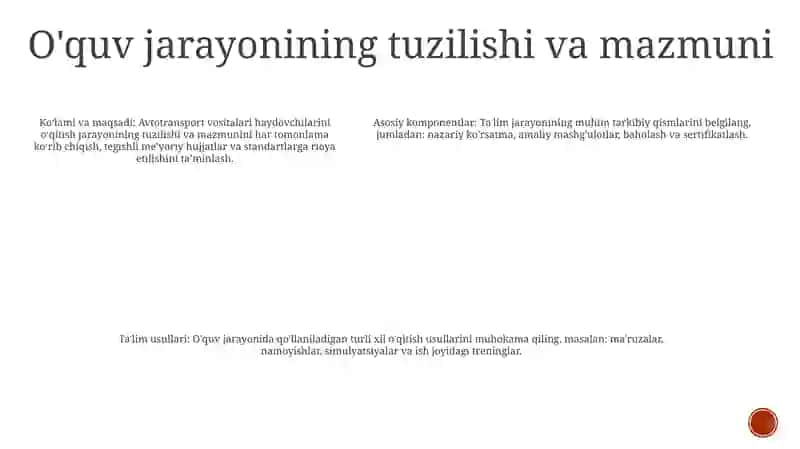 Avtotransport Vositalari Haydovchilarini Tayyorlash O'Quv Jarayonini Tashkil Etish 4