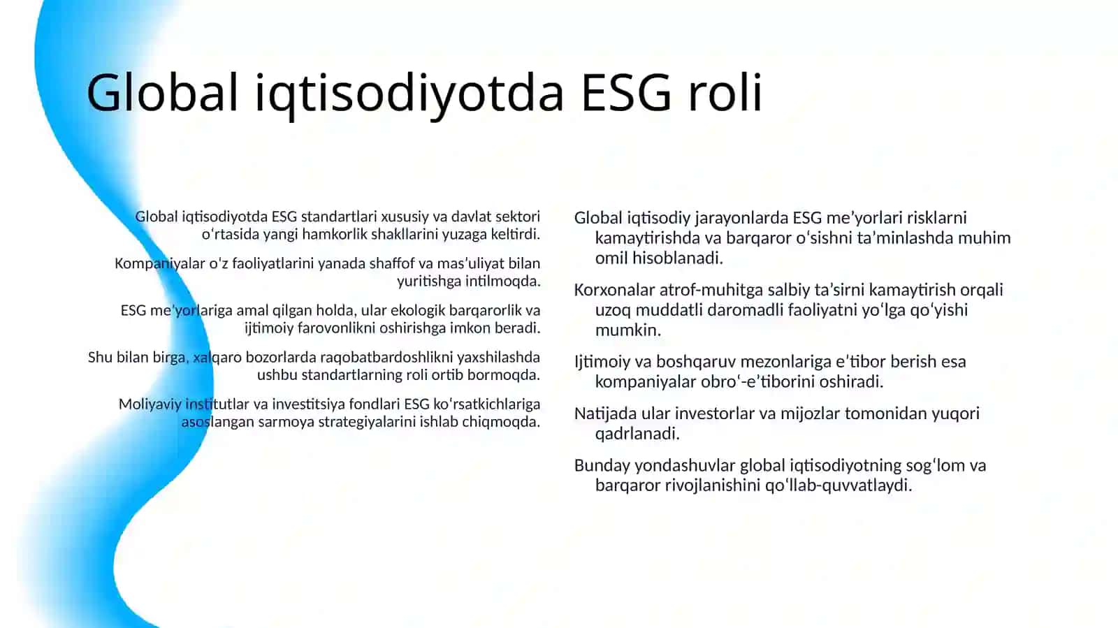 GLOBAL IQTISODIYOTDA ESG (ENVIRONMENTAL SOCIAL, GOVERMANCE) STANDARTLARINING ROLI 4