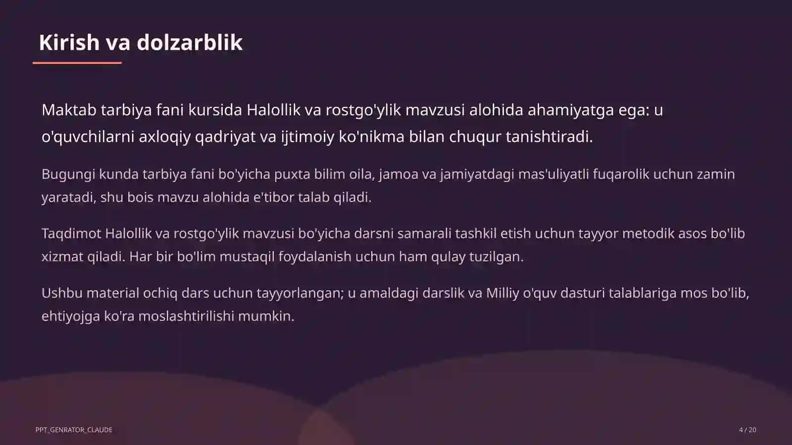 Tarbiya fani (1– 11) — ochiq dars uchun 4