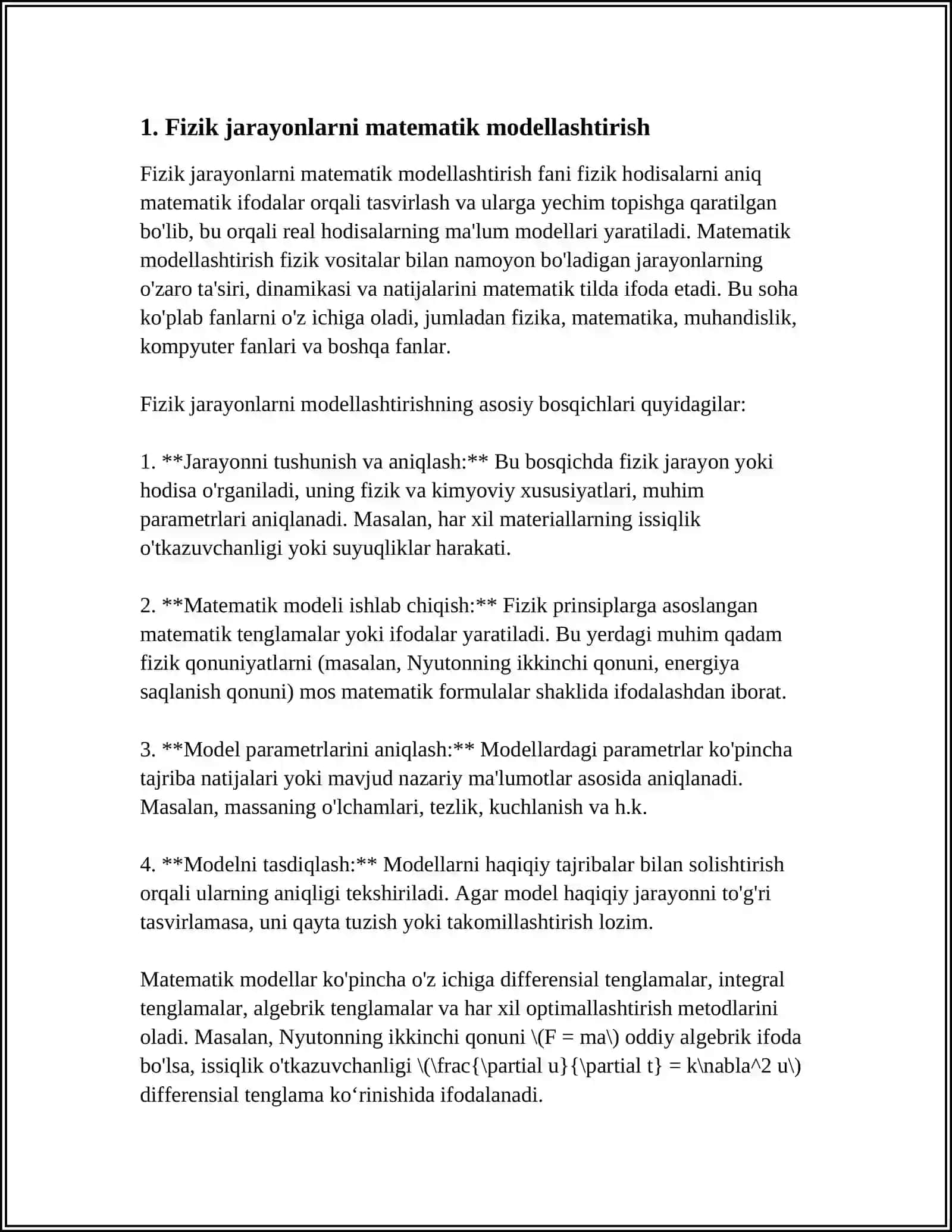 FIZIK VA MATEMATIK MODELLASHTIRISH, OLINGAN NATIJALAR ASOSIDA PROGNOZ QILISH 4