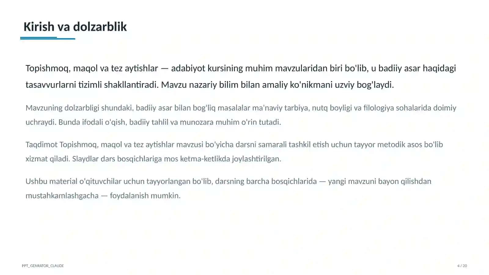 Adabiyot (5–11) — o'qituvchilar uchun 4