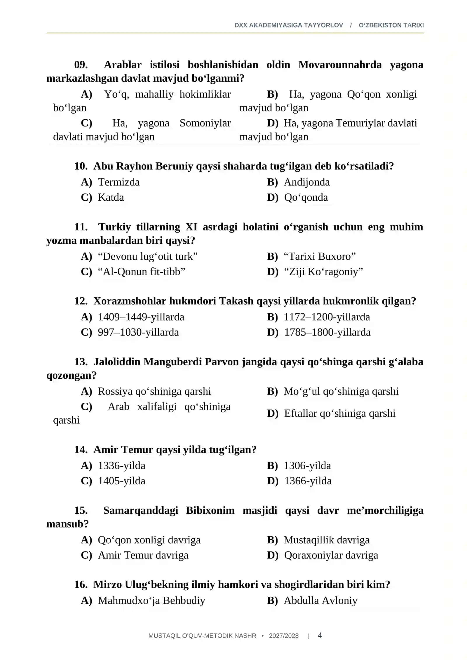 DXX AKADEMIYASIGA KIRISH O'zbekiston tarixi 200 test 2027-2028 QABUL.docx 4