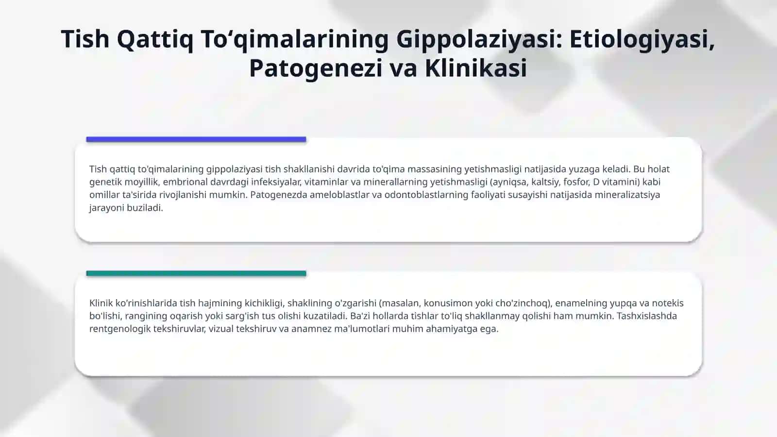 Tish kurtagi rivojlanish davrida tish qattiq toʻqimalarida paydo boʻladigan patologiya. Gippolaziya, giperplaziya, fulyaroz. Klinikasi, tashxislash va qiyosiy tashxislash 4