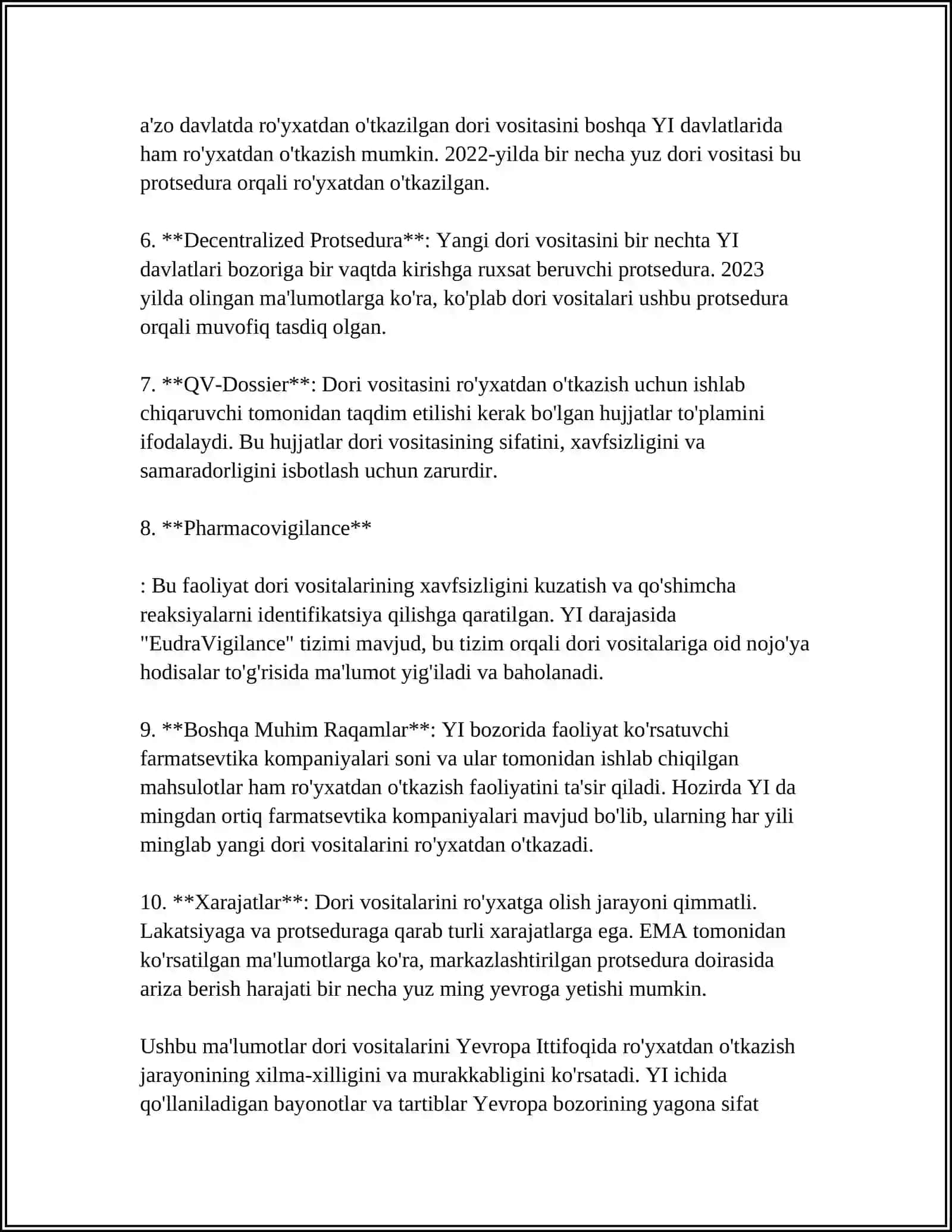 REFERAT: EVROPA ITTIFOQIDA DORI VOSITALARINI DAVLAT RO'YXATIDAN O'TKAZISH TARTIBI 4