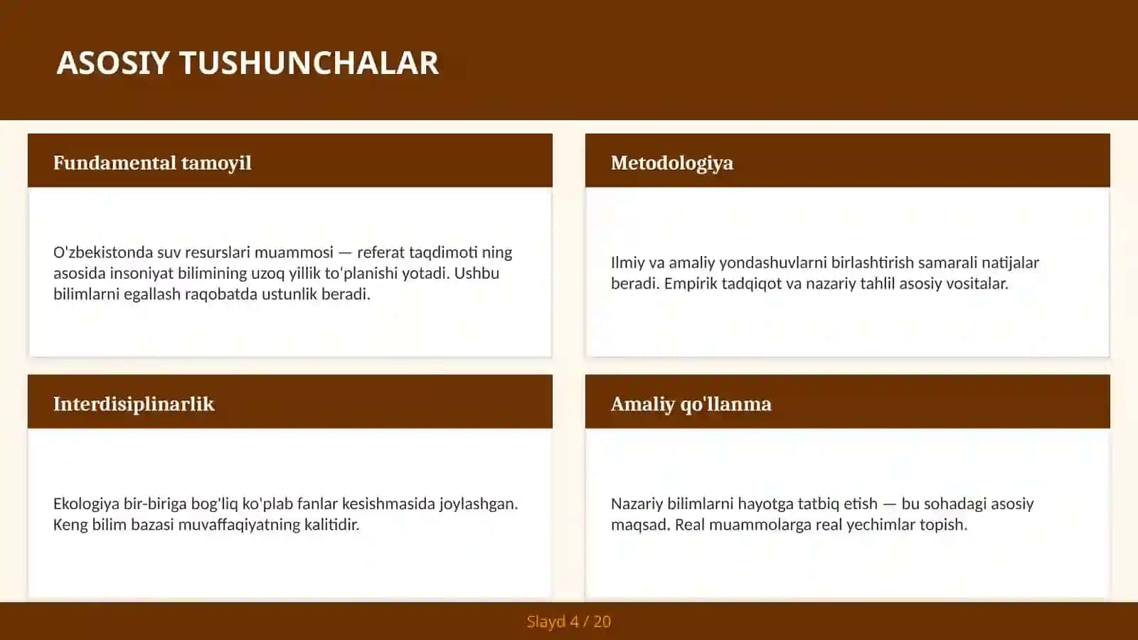 O'ZBEKISTONDA SUV RESURSLARI MUAMMOSI — REFERAT TAQDIMOTI 4