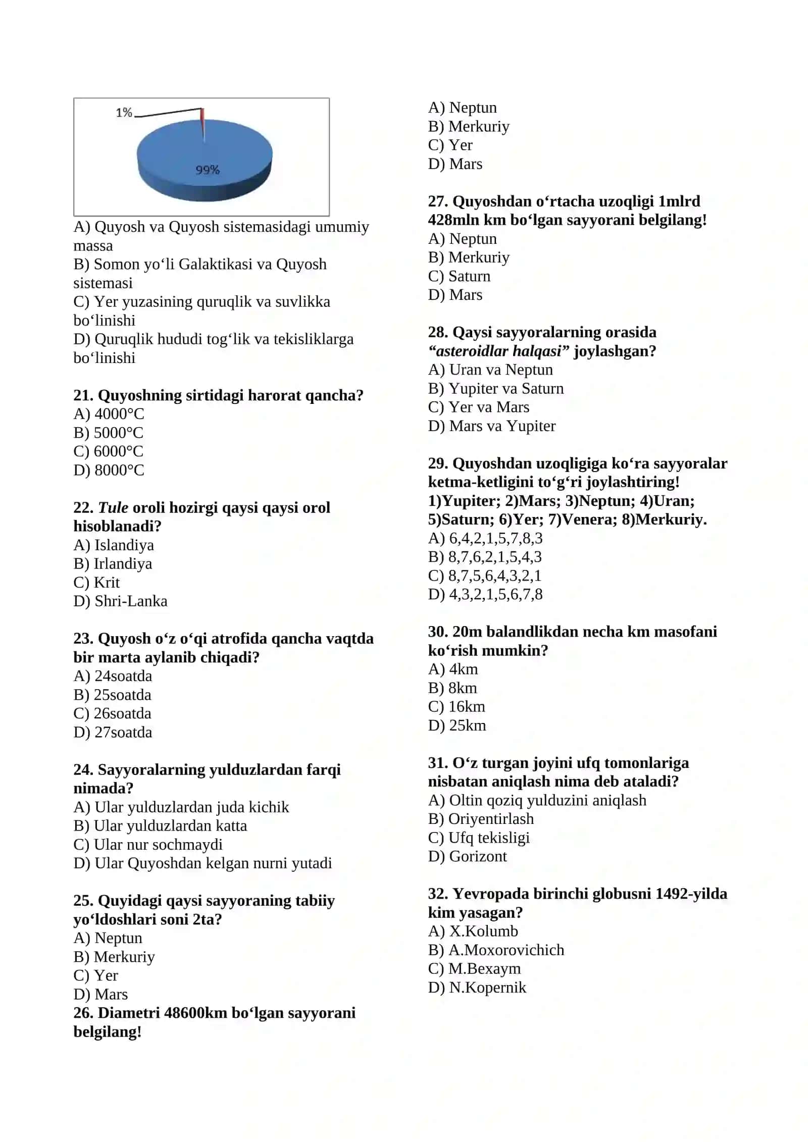 Geografiya 5-sinf mavzulashtirilgan test 4