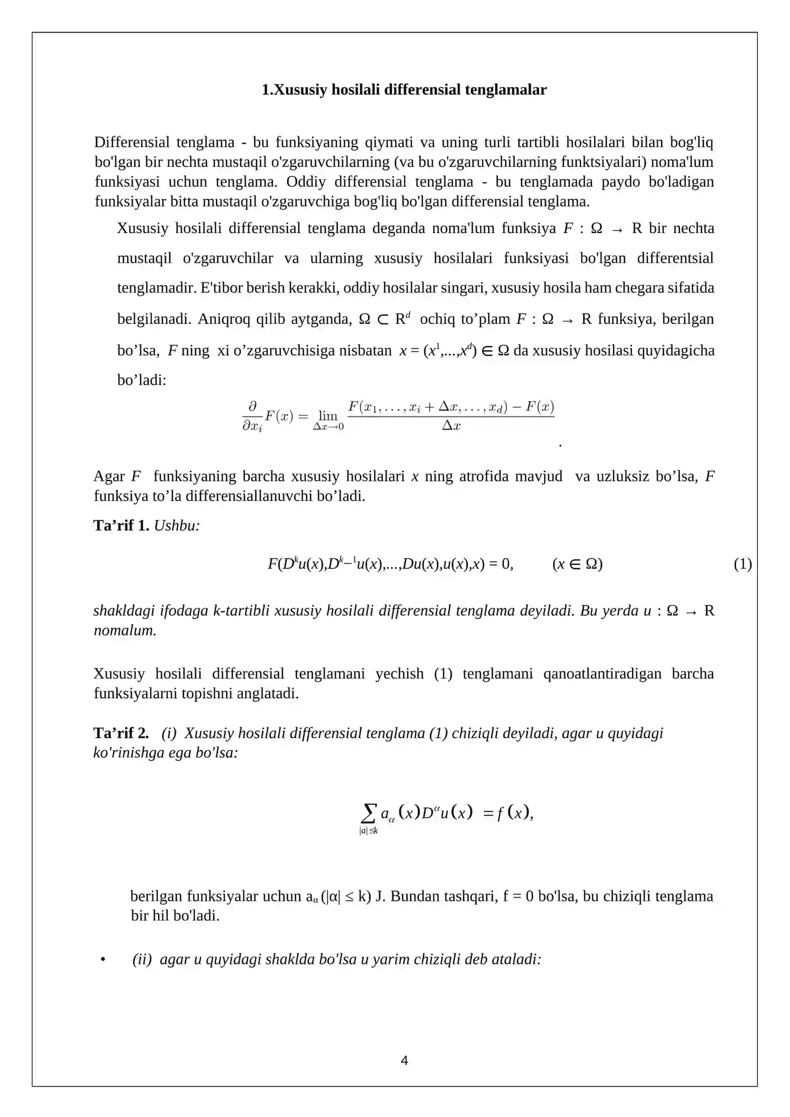 Xususiy hosilali differensial tenglamalar va ularning klassifikatsiyasi 4