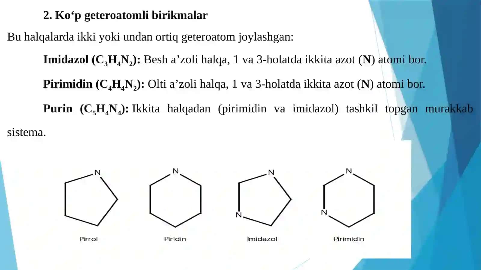 Geteroxalqali birikmalar metabolitlar va dorivor vositalar sifatida. Geteroxalqa saqlagan neyromediatorlar. 4
