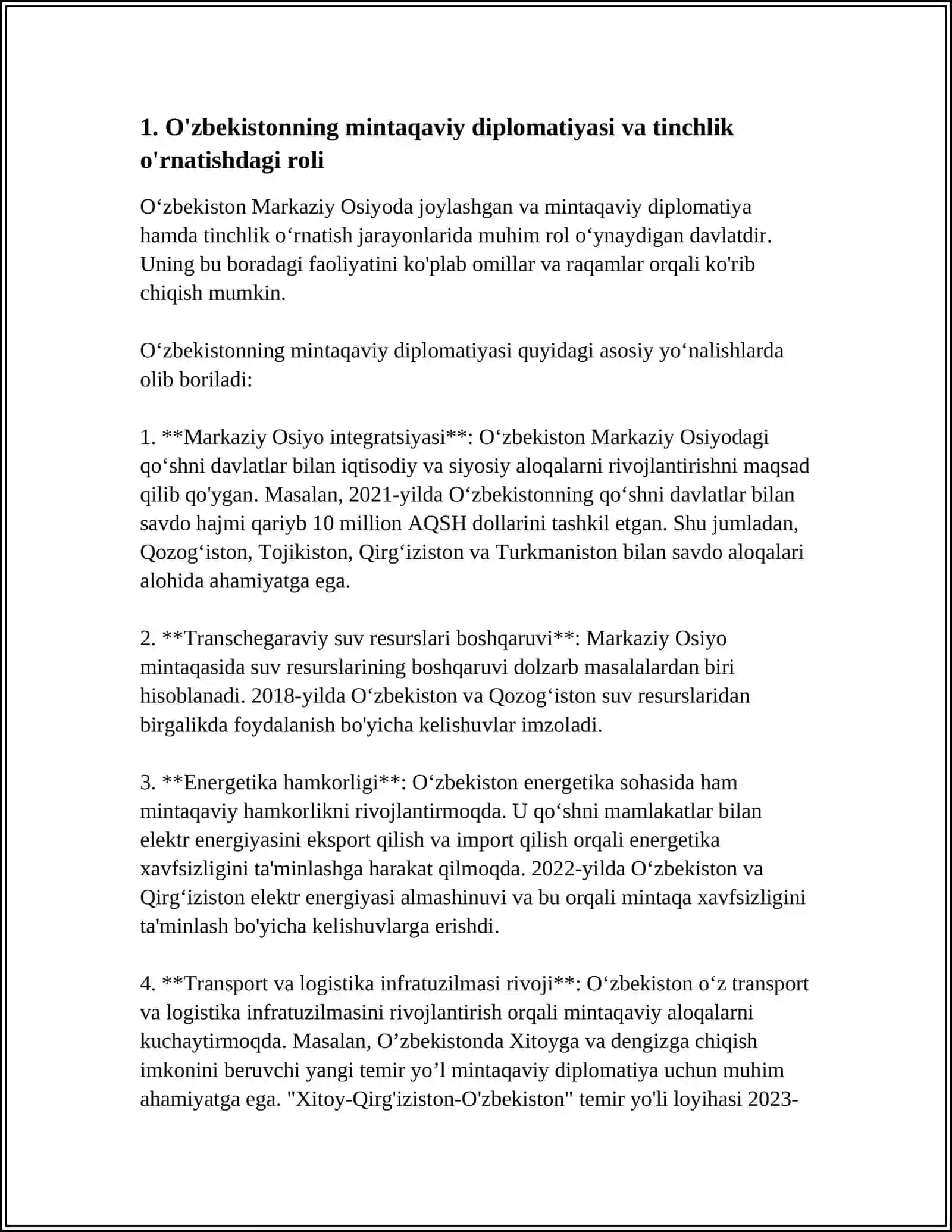 O'ZBEKISTONNING MARKAZIY OSIYODA TINCHLIK VA BARQARORLIKNI TA'MINLASHDAGI O'RNI 4