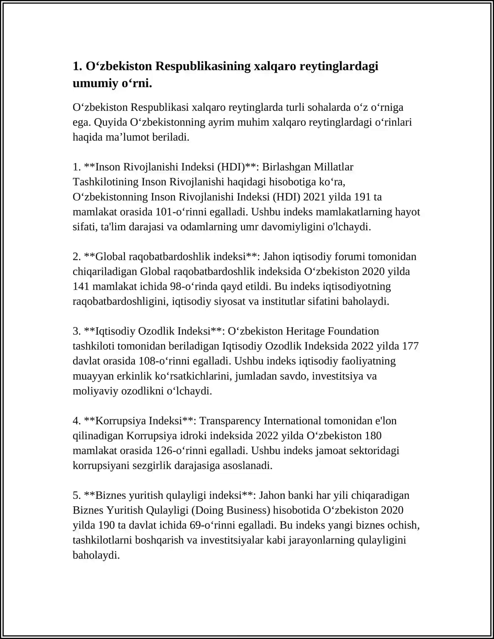 O‘ZBEKISTON RESPUBLIKASINING XALQARO REYTING VA INDEKSLARDAGI O‘MI VA NUFUZINI ORTIB BORISHI 4