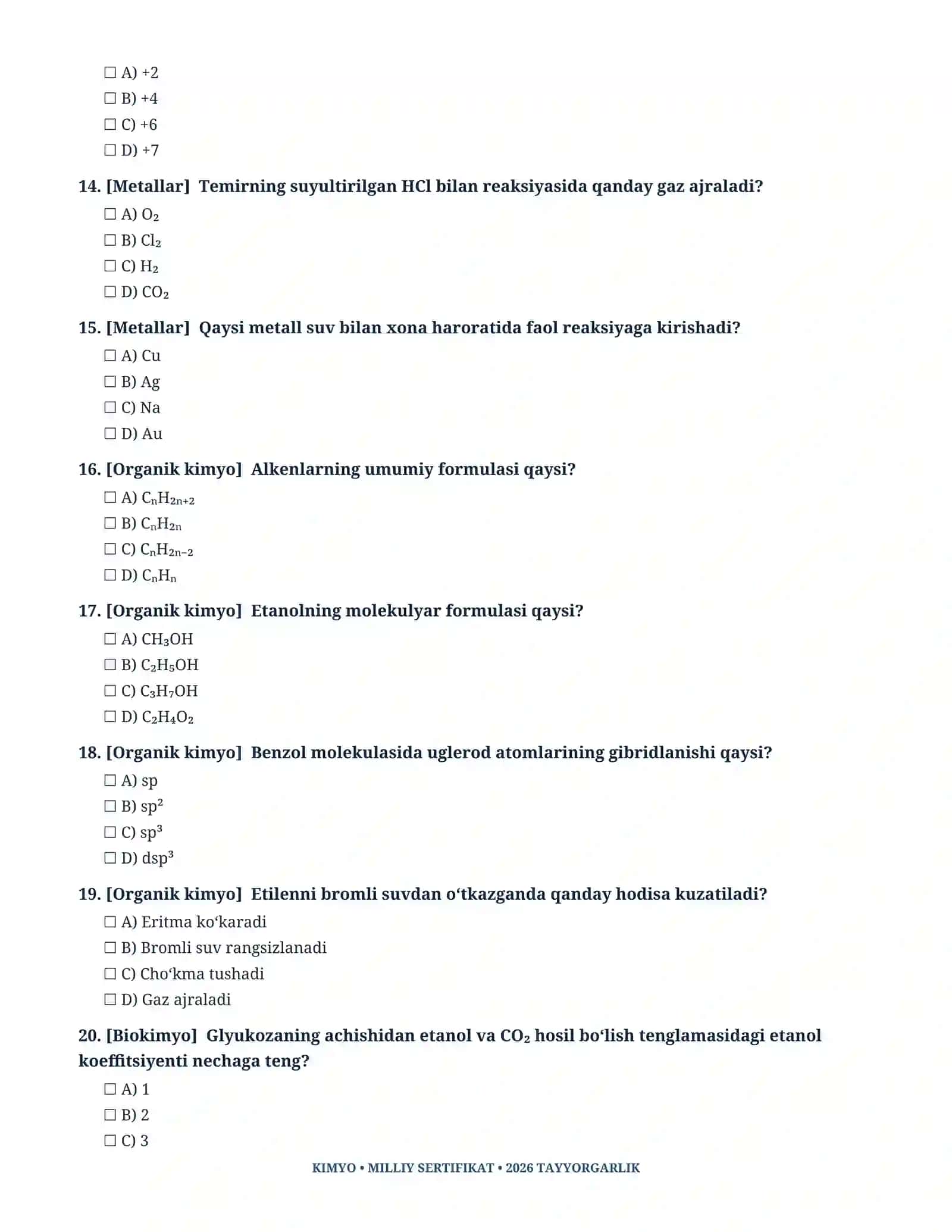 Kimyo fanidan Milliy sertifikat 2026 uchun 40 ta ehtimoliy test savollari 4