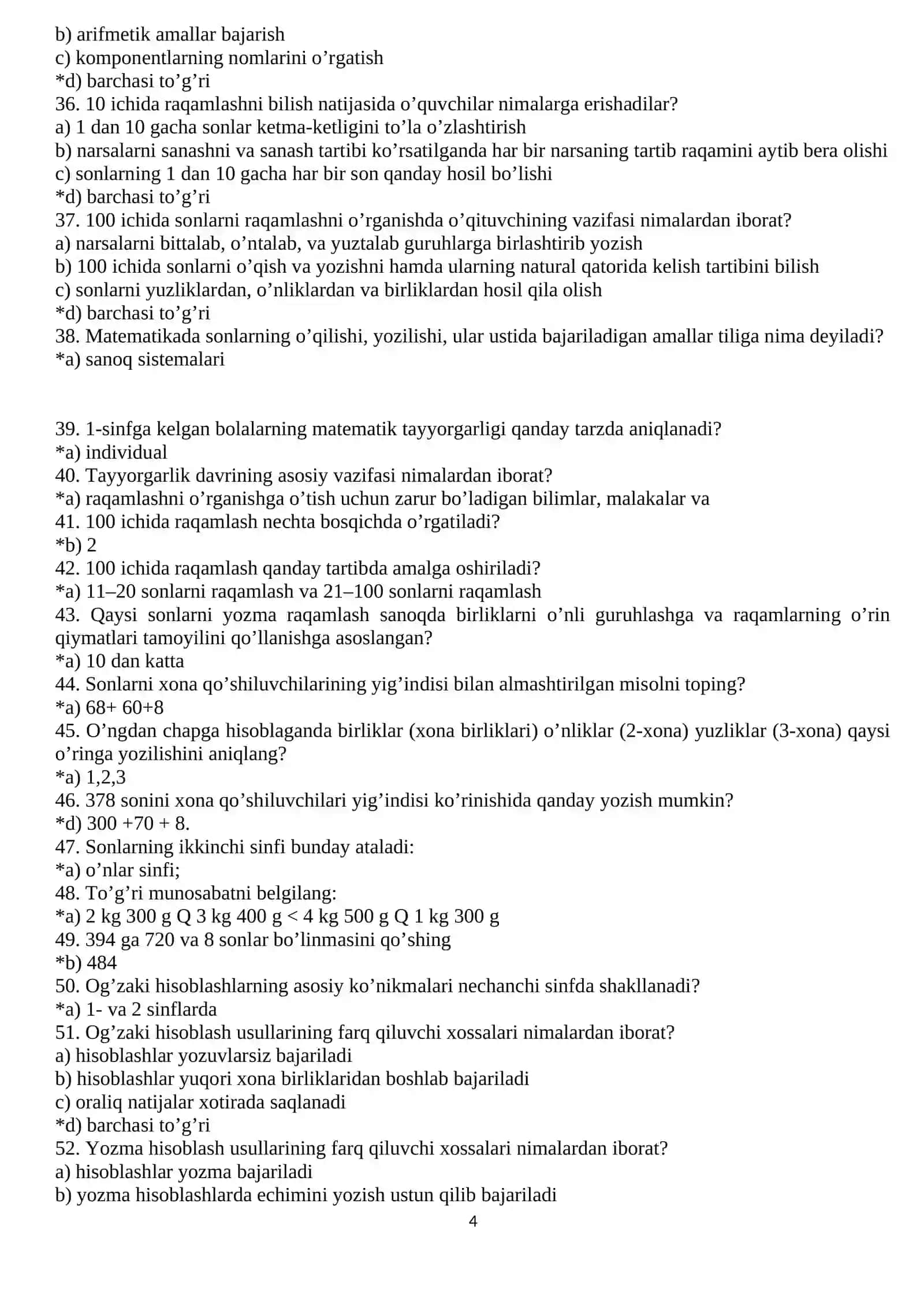 BOSHLANG‘ICH TA’LIM ATTESTATSIYA TESTLARI TO‘PLAMI  MUTAXASSISLIK FANLARIDAN 3000 SAVOL — 3000 JAVOB 2026-YIL 4