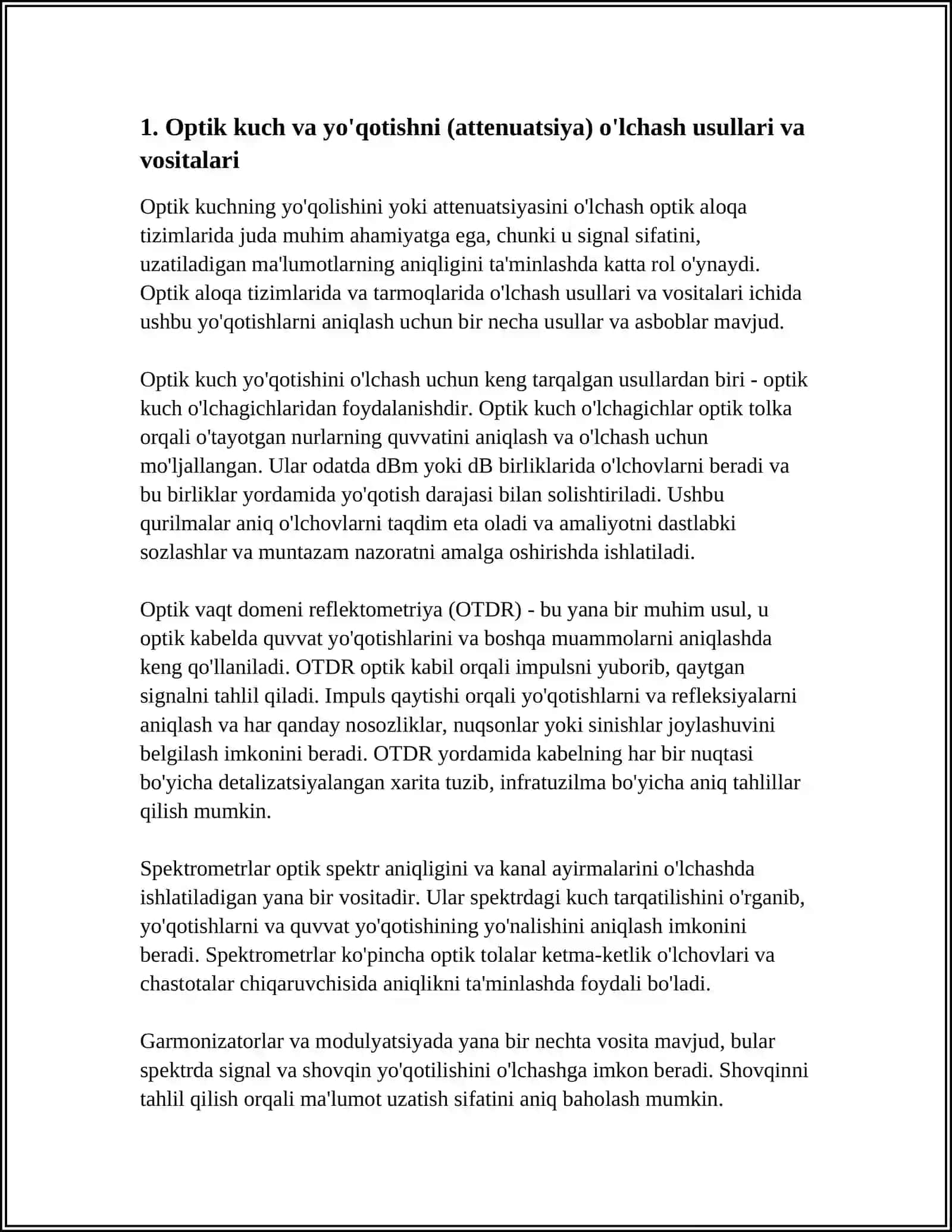 OPTIK ALOQA TIZIMLARI VA TARMOQLARIDA O'LCHASH USULLARI VA VOSITALARI 4