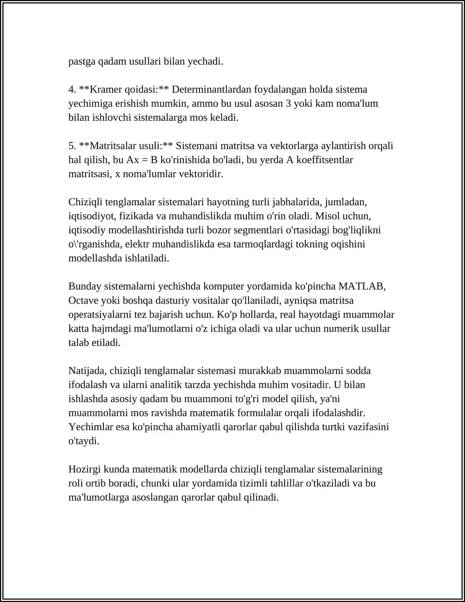 CHIZIQLI TENGLAMALAR SISTEMASI HAQIDA MATRITSAVIY YECHISH METODI 4