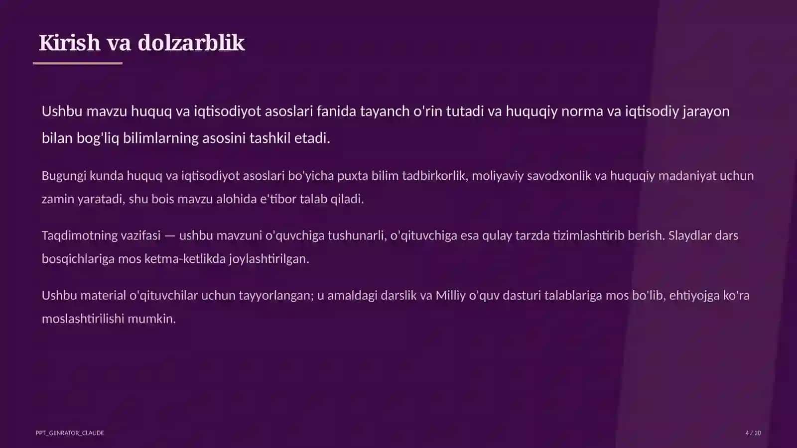 Huquq va iqtisodiyot asoslari (9–11) — o'qituvchilar uchun 4
