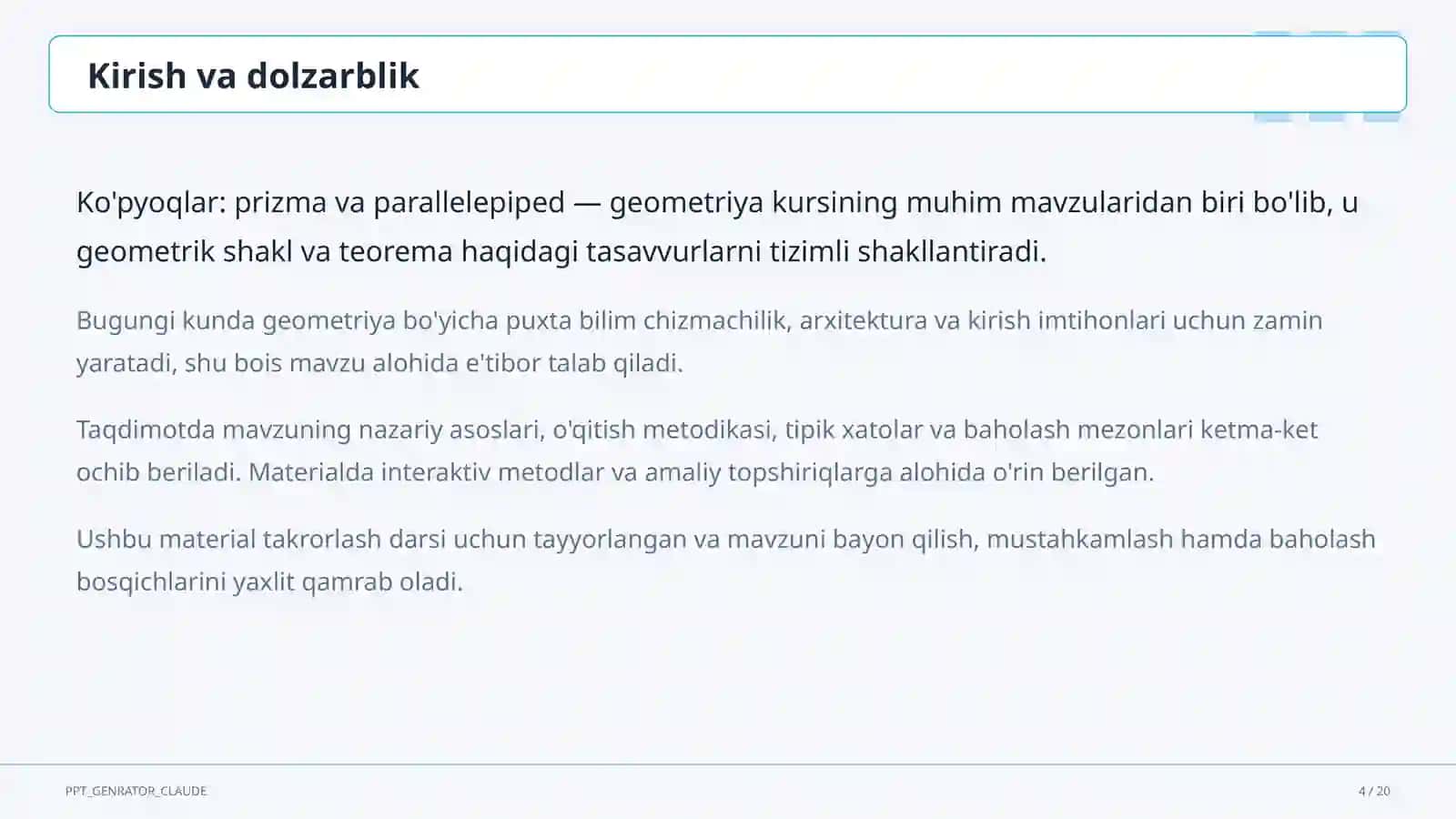 Ko'pyoqlar: prizma va parallelepiped (10-sinf) 4