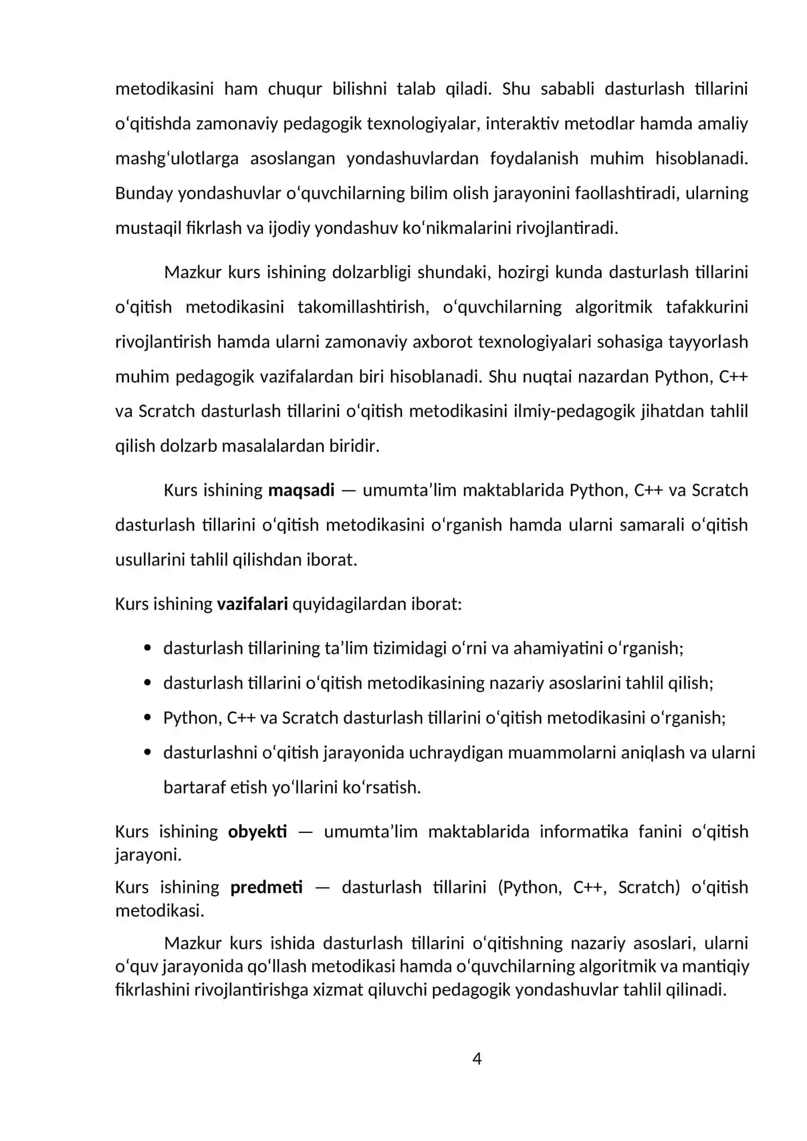 Dasturlash tillarini o‘rganish metodikasi (Python, C++, Scratch) 4