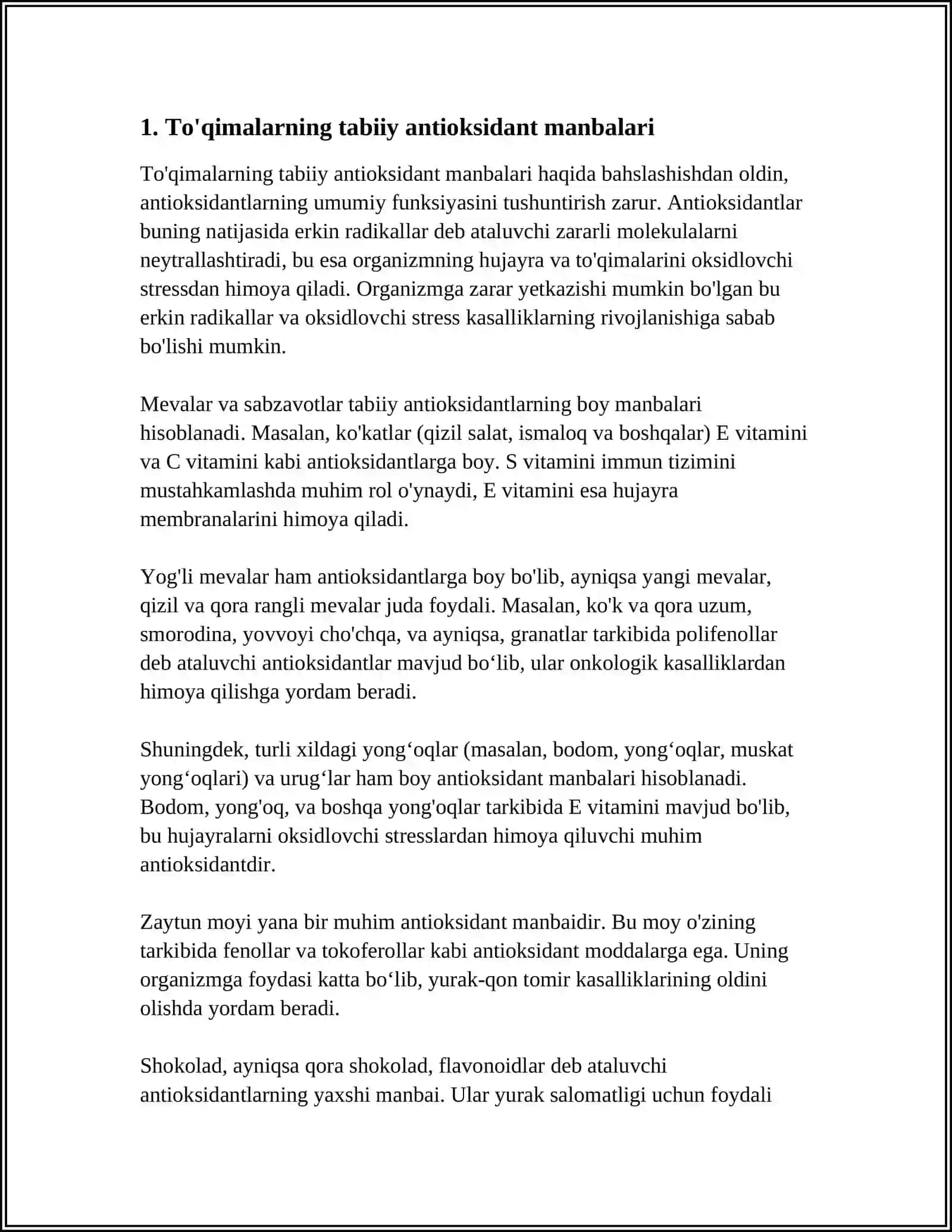 TOQIMALARNING TABIY ANTIOKSIDANTLARI VA ULARNING BIOLOGIK ROLI. TOQIMALARNING TRANSFORMATSIYASI 4