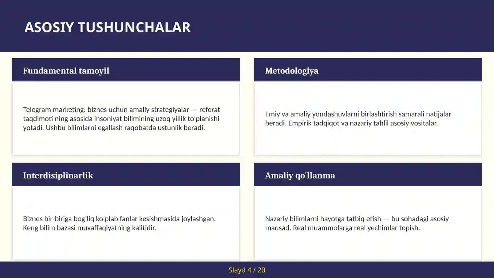 Telegram marketing: biznes uchun amaliy strategiyalar — referat taqdimoti 4