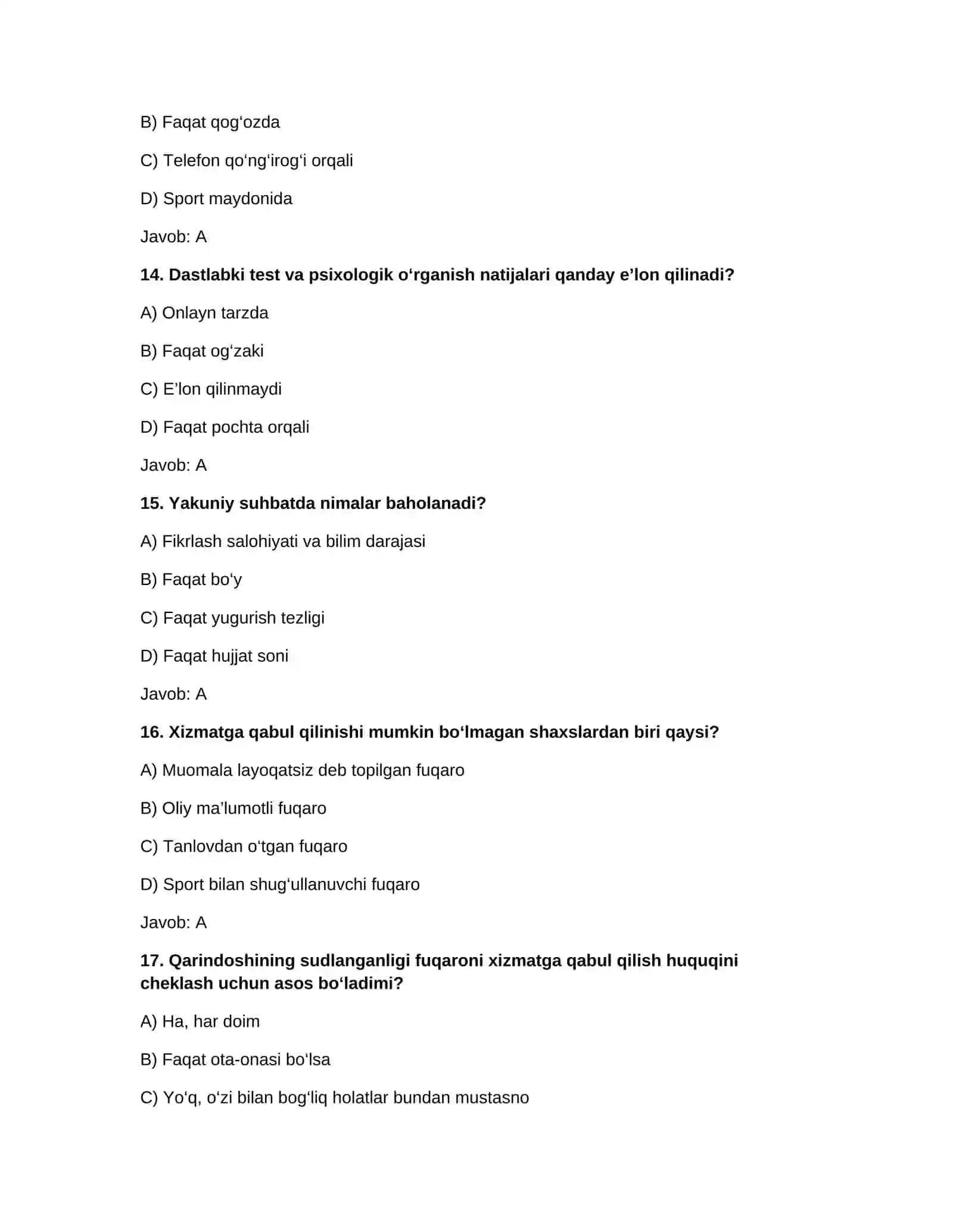 Bojxona qo‘mitasiga ishga kirish uchun savol-javob testlar to‘plami 4