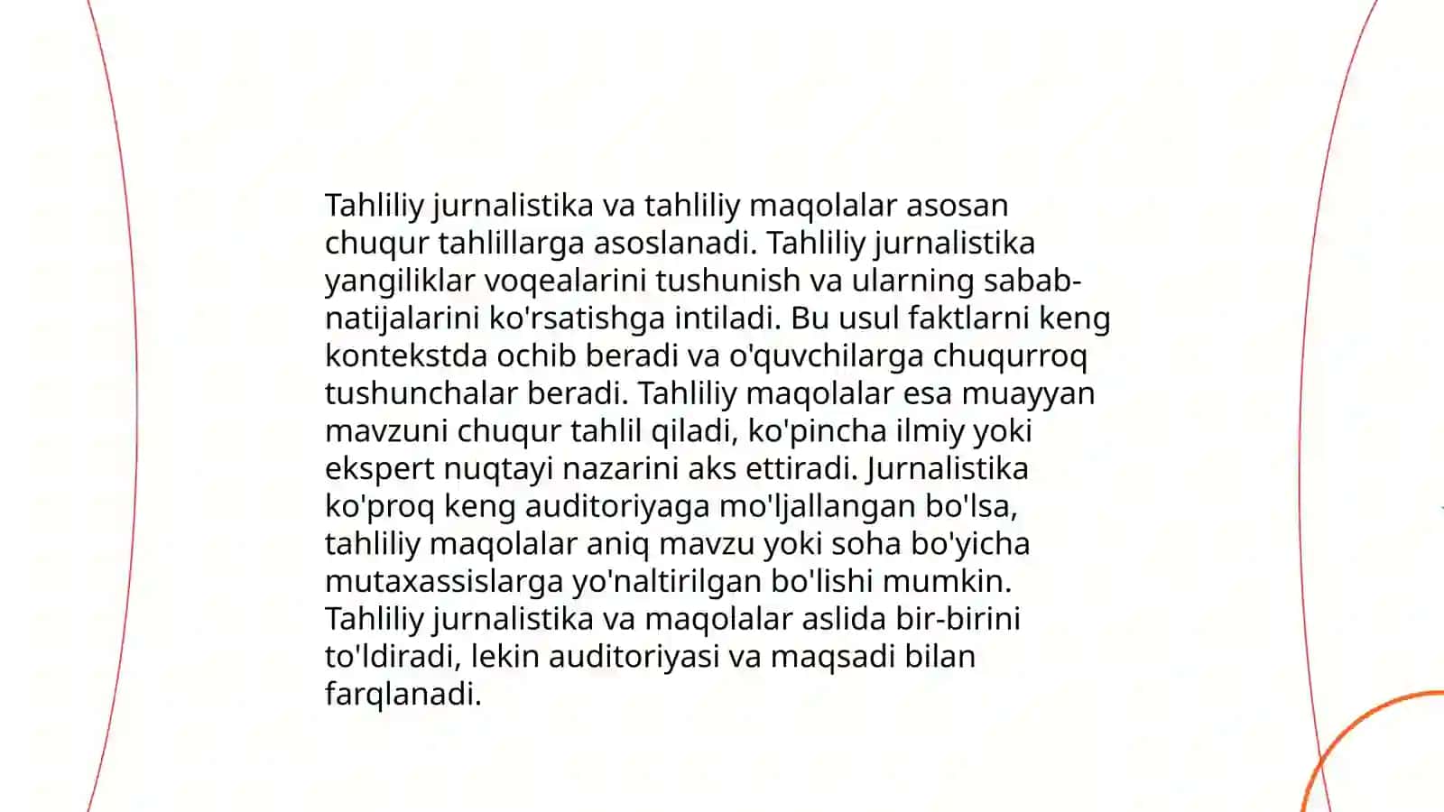 Tahliliy jurnalistikaning turli janrlarida materiallar yaratish 4